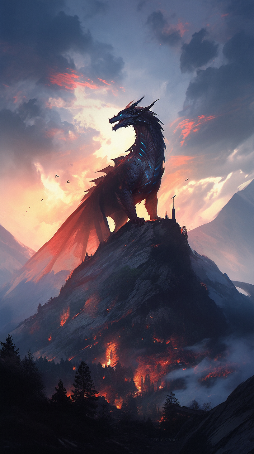 This anime wallpaper captures a breathtaking scene of a majestic dragon perched atop a towering mountain