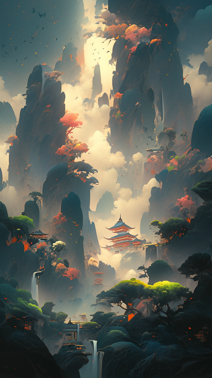 Immerse yourself in the enchanting world of this anime wallpaper, where a mystical landscape unfolds with a breathtaking display of dreamlike colors
