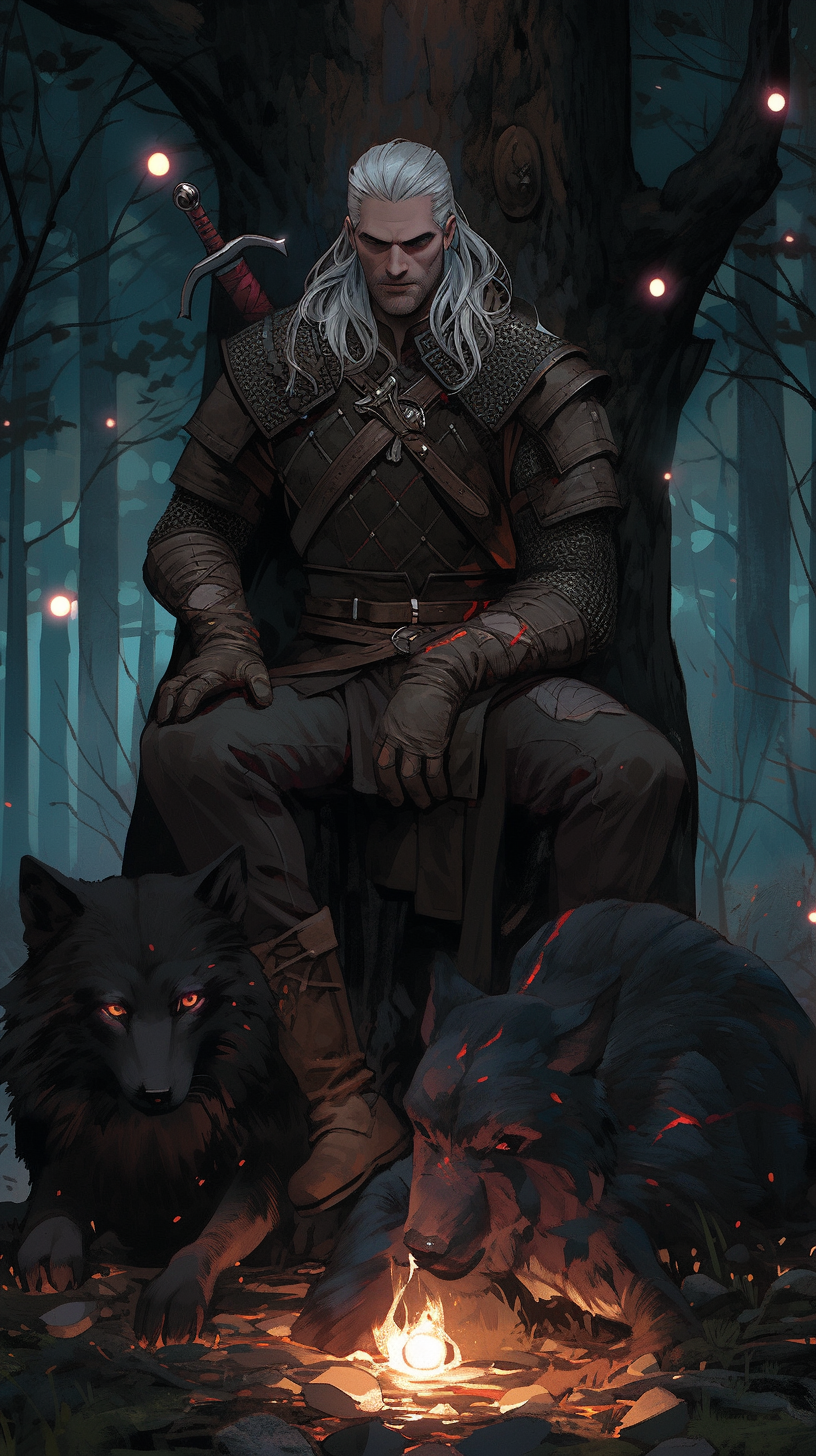 This captivating anime wallpaper features a mysterious witcher sitting by a crackling campfire in a mystical forest