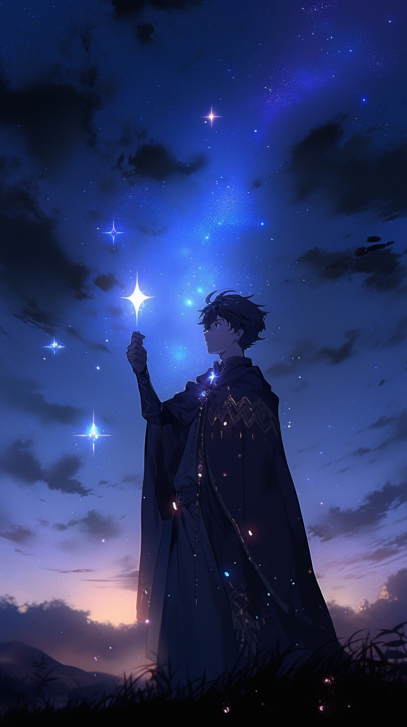 This enchanting anime wallpaper features a mystical figure standing against a backdrop of a starry night sky