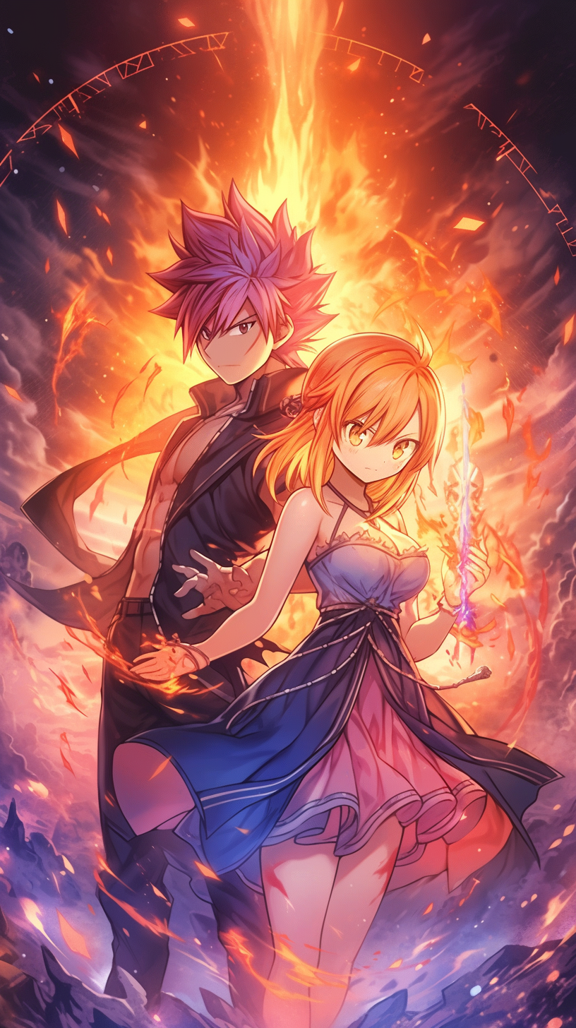 This anime wallpaper features the iconic duo from Fairy Tail, Natsu Dragneel and Lucy Heartfilia, in a dynamic and action-packed scene