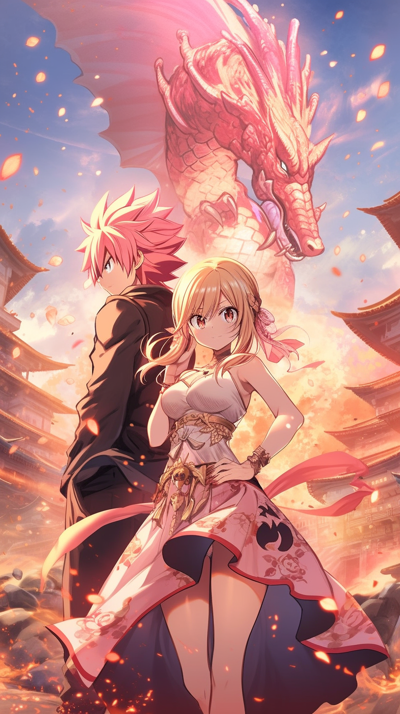 This anime wallpaper features two iconic characters from the Fairy Tail series, set against a vibrant and dynamic backdrop