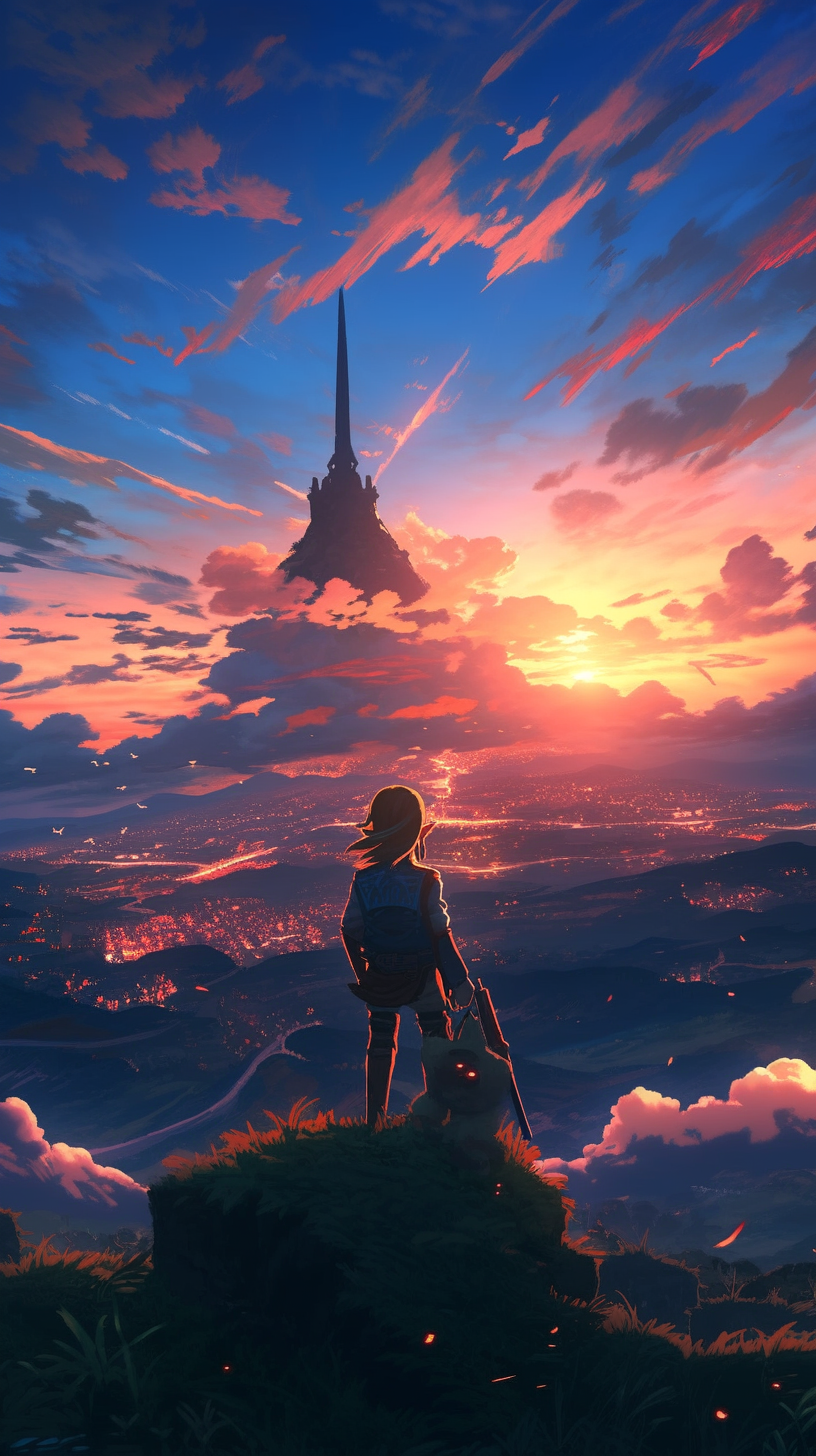 This captivating anime wallpaper depicts a serene scene of Hyrule at sunset