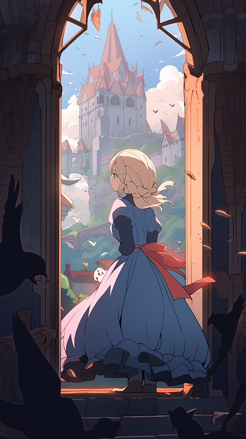 This enchanting anime wallpaper features a young girl with blonde hair, dressed in a flowing blue gown with a red sash, standing by a large window