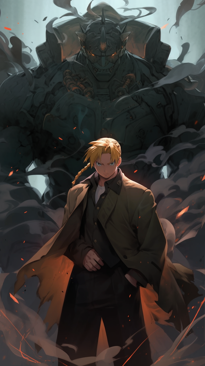 This anime wallpaper features a dramatic scene from Fullmetal Alchemist