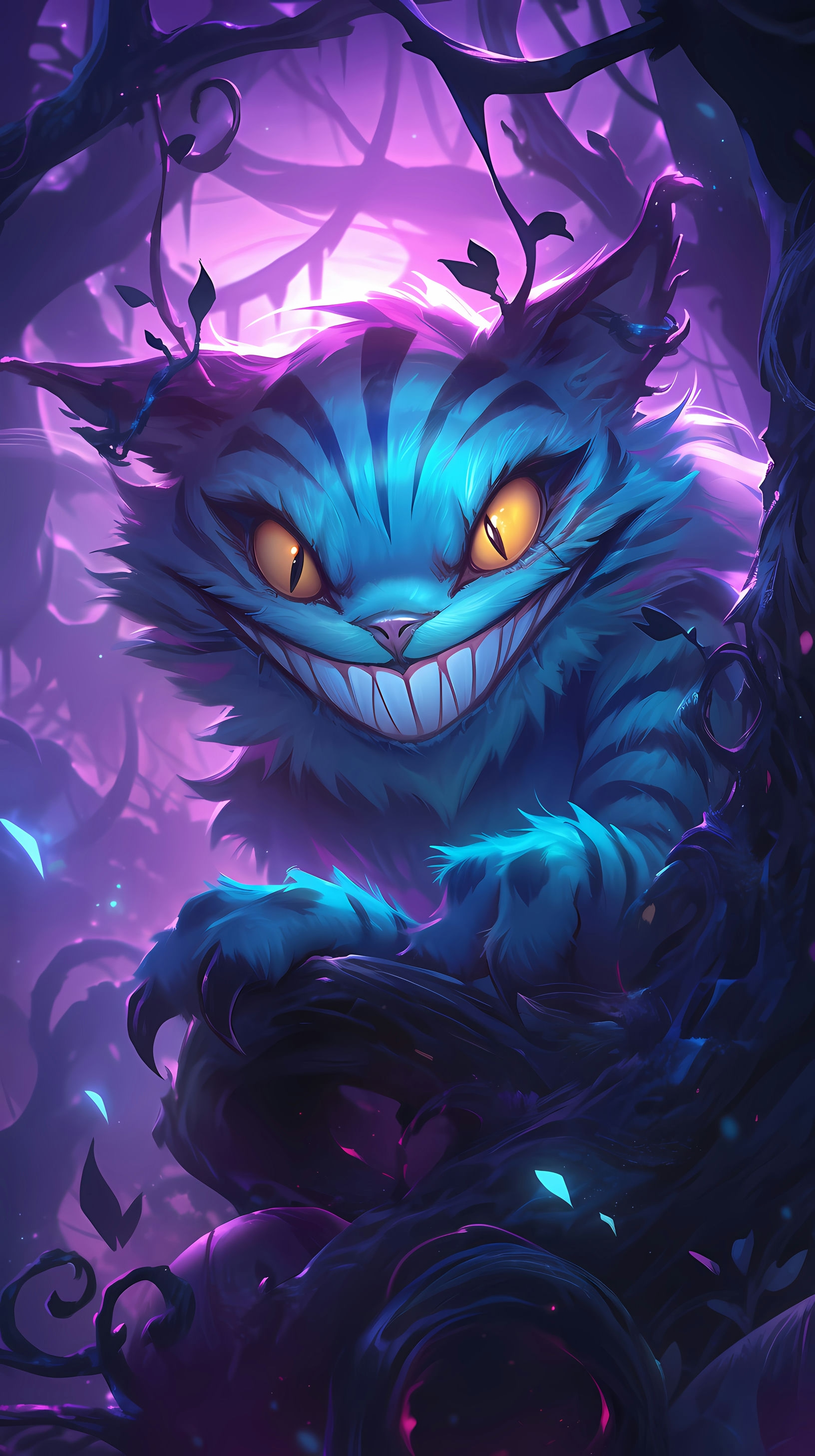 This anime wallpaper features the iconic Cheshire Cat from Alice in Wonderland, depicted with a mischievous grin and mesmerizing blue fur