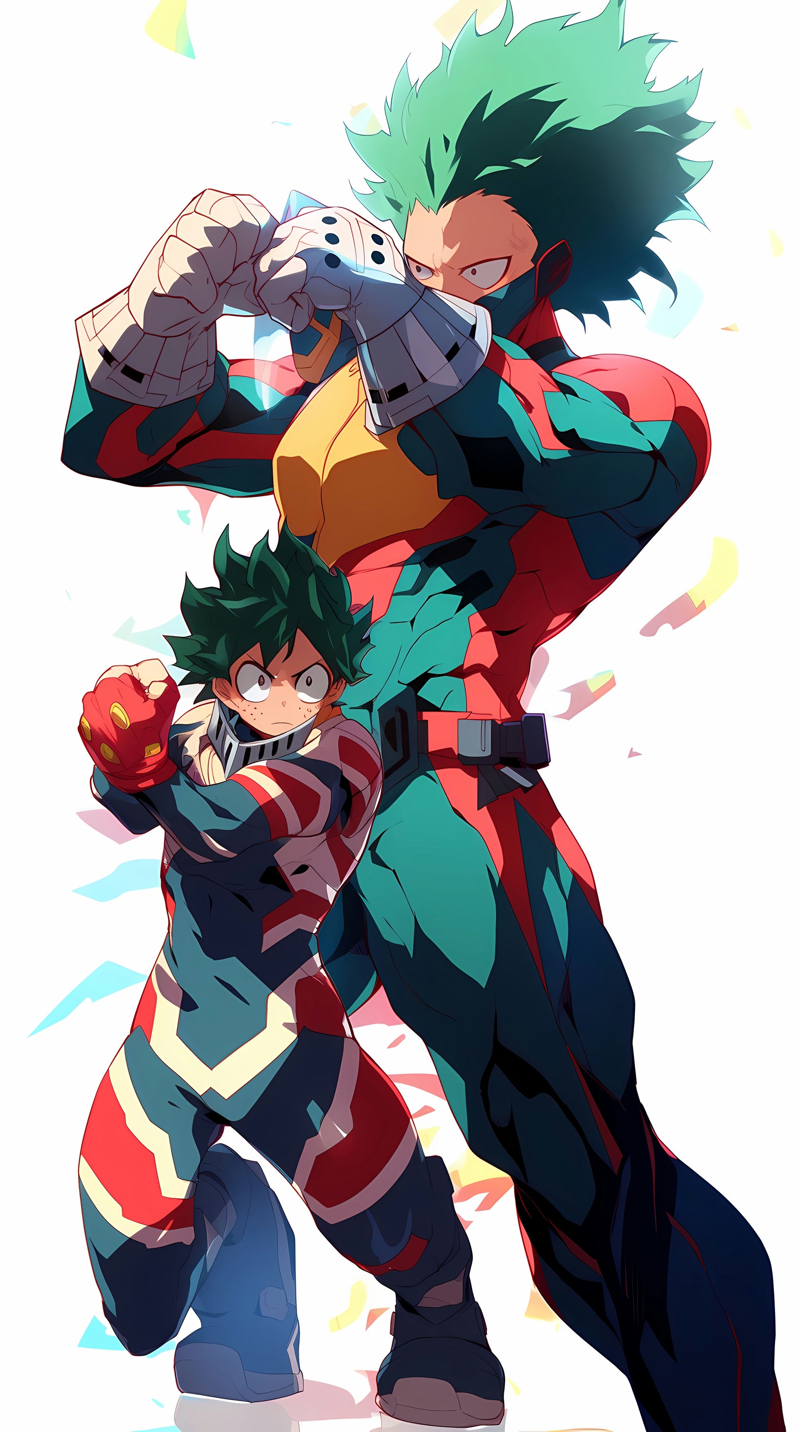 This anime wallpaper features the iconic duo Izuku Midoriya, also known as Deku, and his mentor All Might from the popular series 'My Hero Academia