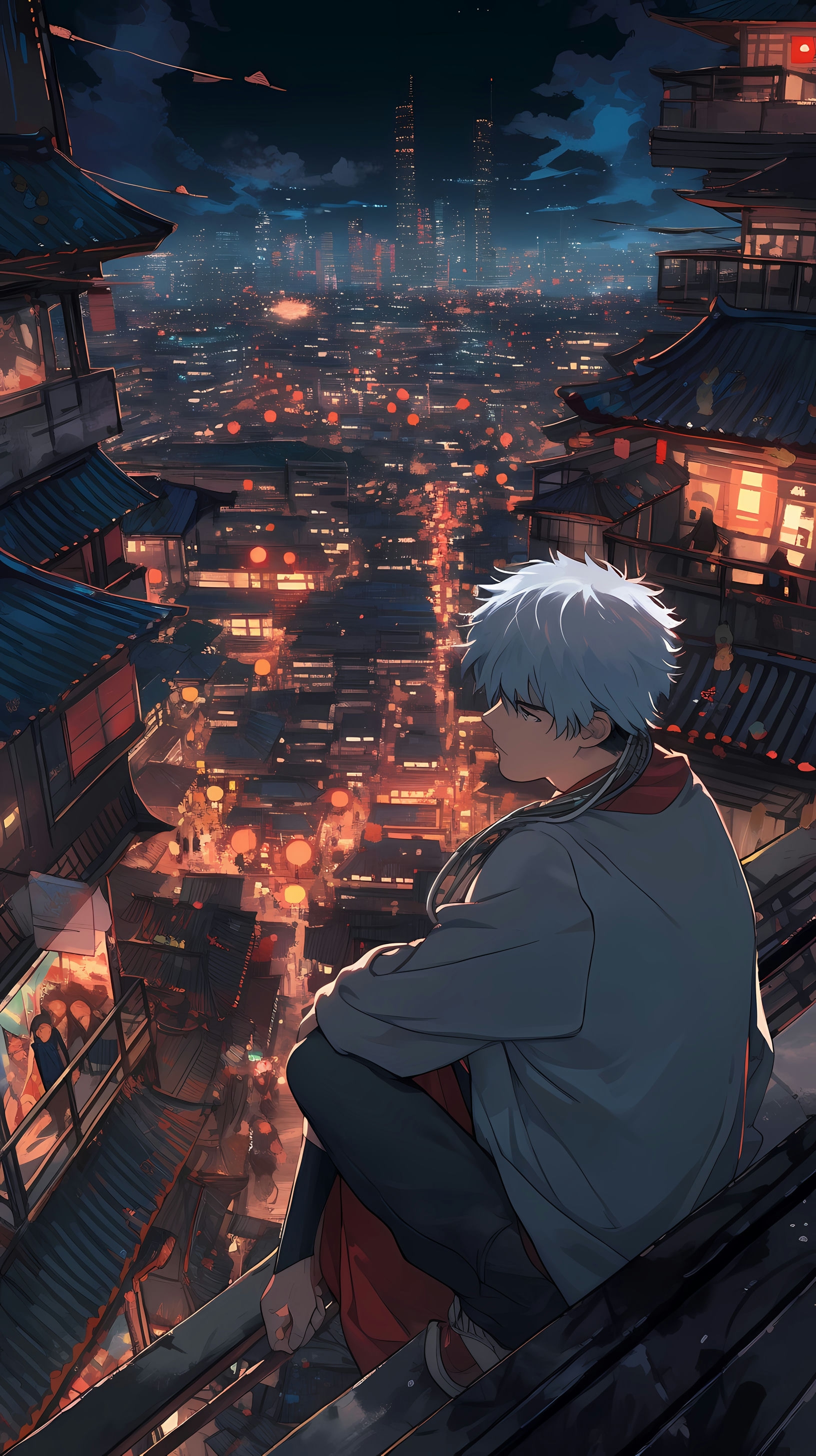 This captivating anime wallpaper features Gintoki, the iconic protagonist from Gintama, perched on a rooftop overlooking the bustling city of Edo at night