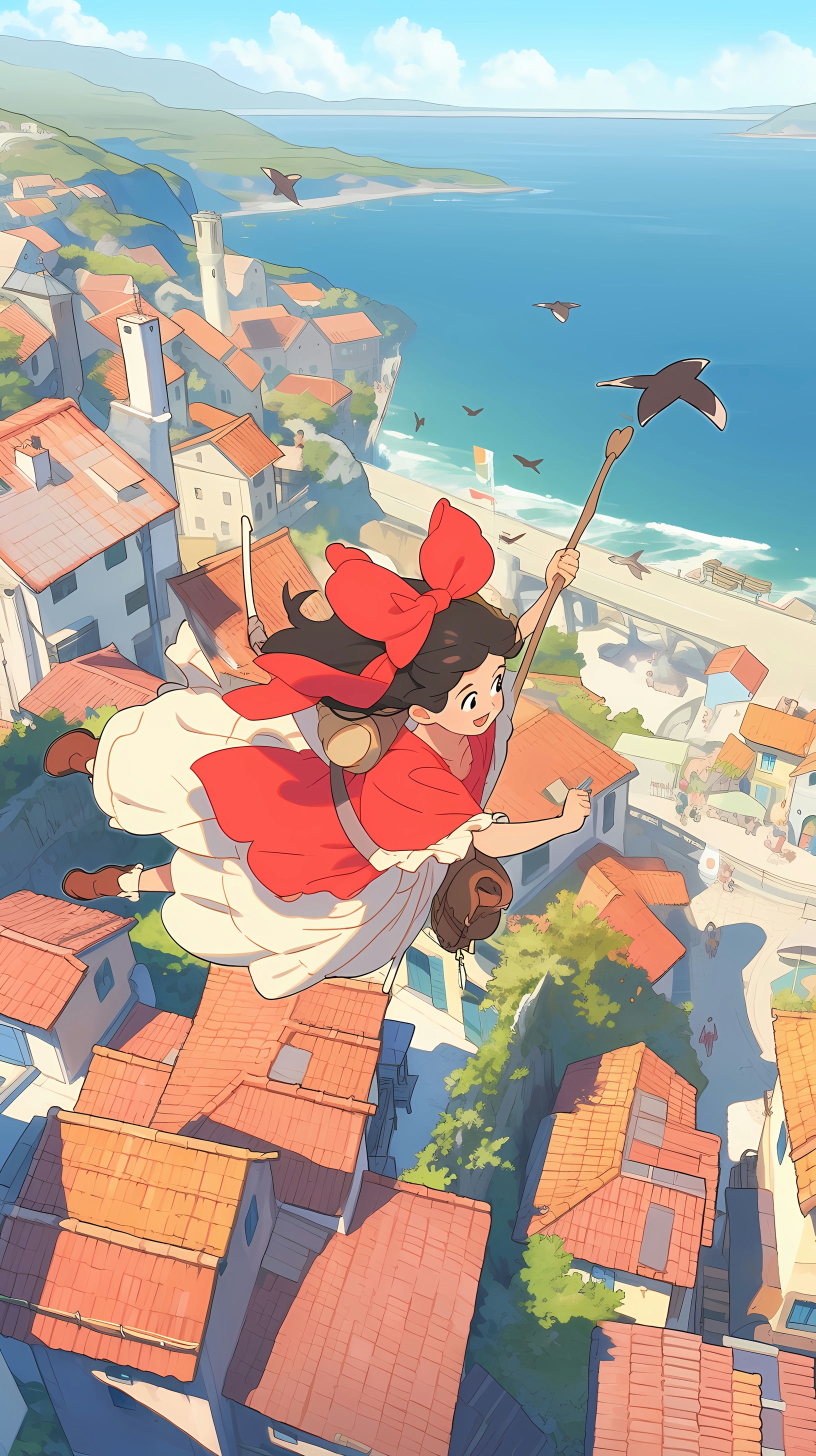This enchanting anime wallpaper captures a scene from 'Kiki's Delivery Service,' featuring the young witch Kiki soaring through the sky on her broomstick