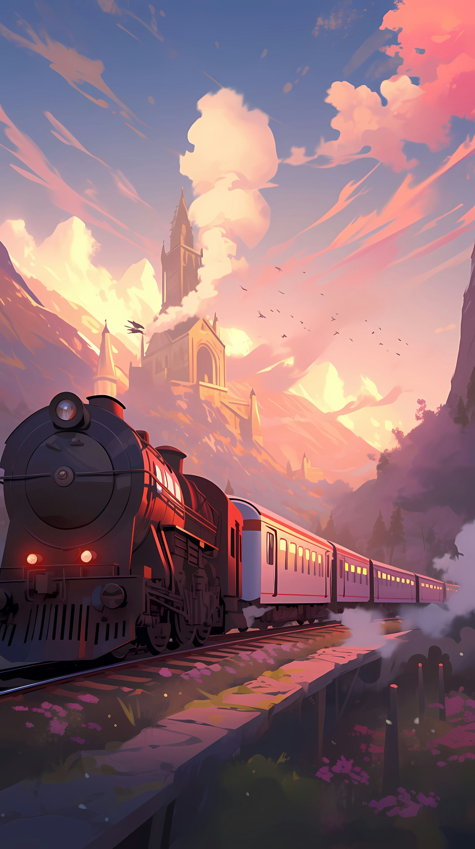 This captivating anime wallpaper depicts a breathtaking view from the Hogwarts Express, a magical train journey central to the Harry Potter series