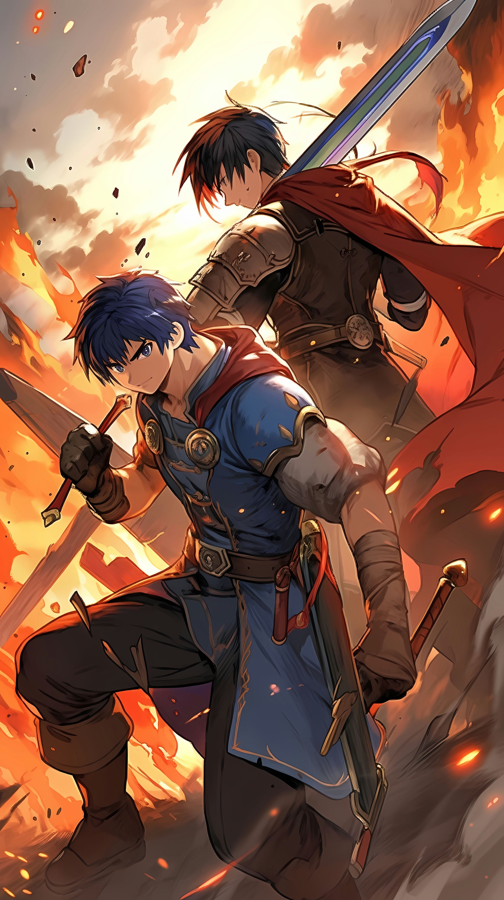 This anime wallpaper captures an intense battle scene from the Fire Emblem series