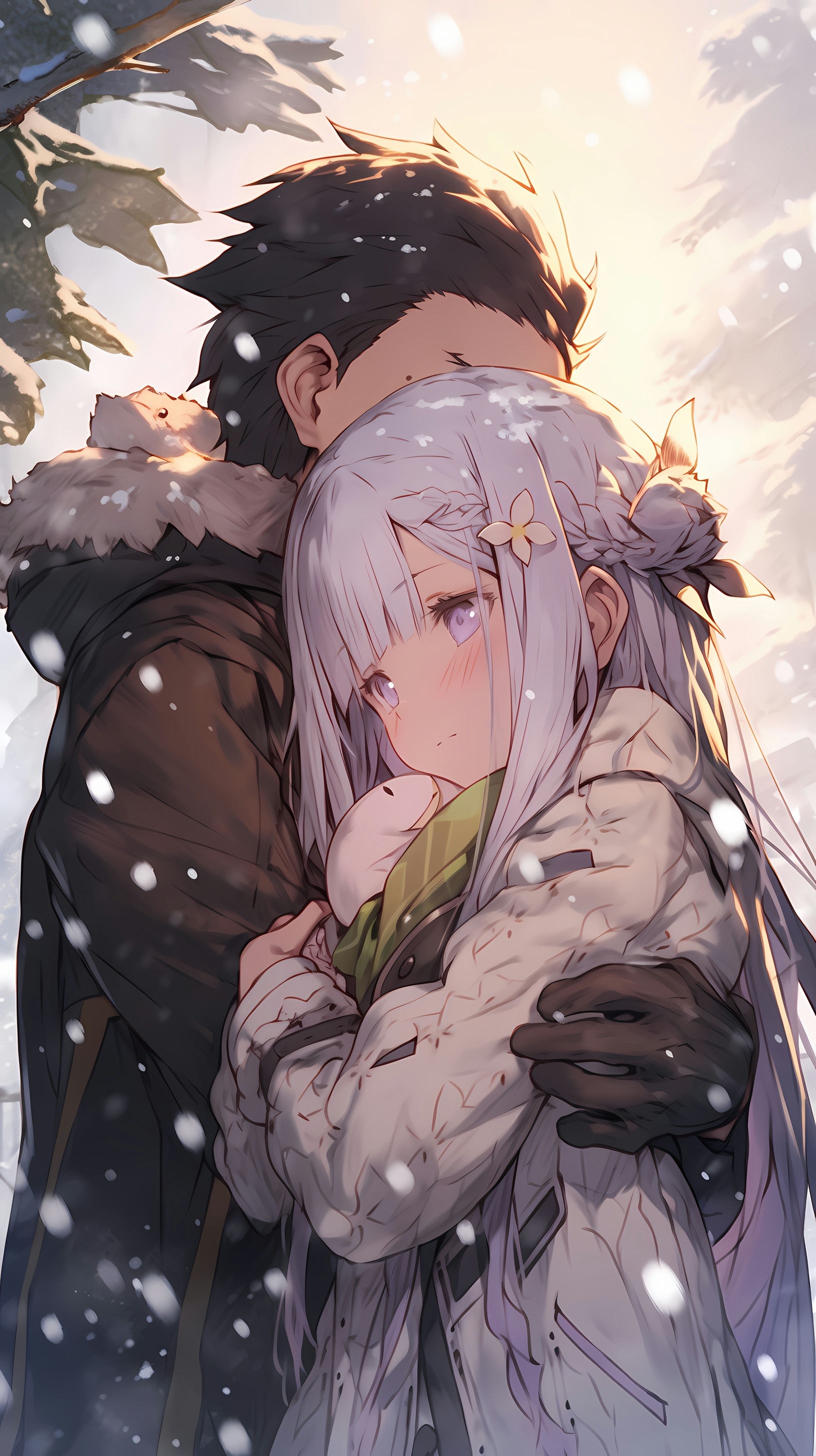 This enchanting anime wallpaper captures a tender moment between Subaru and Emilia from the popular series 'Re:Zero - Starting Life in Another World