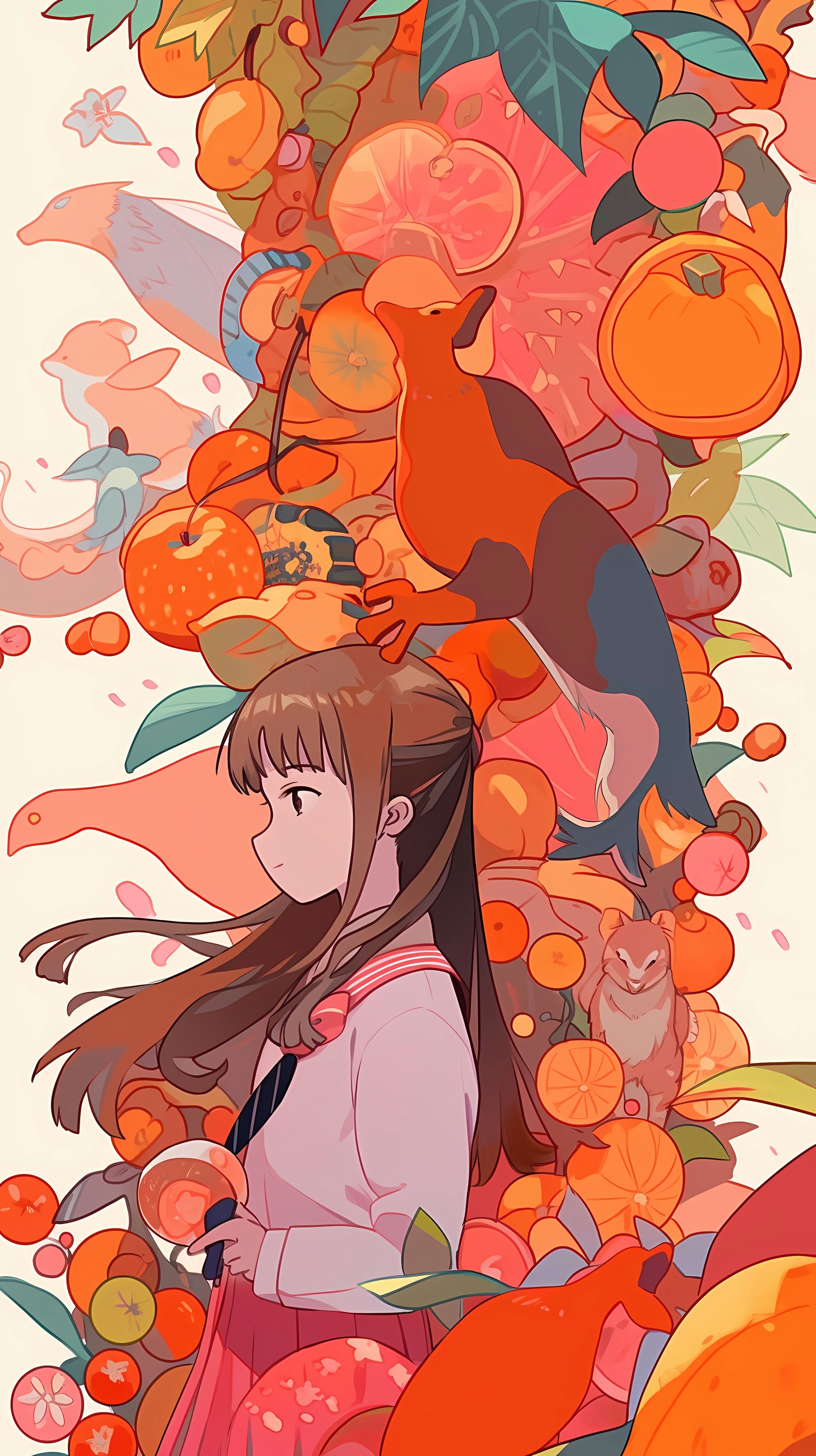 This anime wallpaper features Tohru Honda, a kind-hearted high school student, surrounded by the zodiac members from the Fruits Basket series