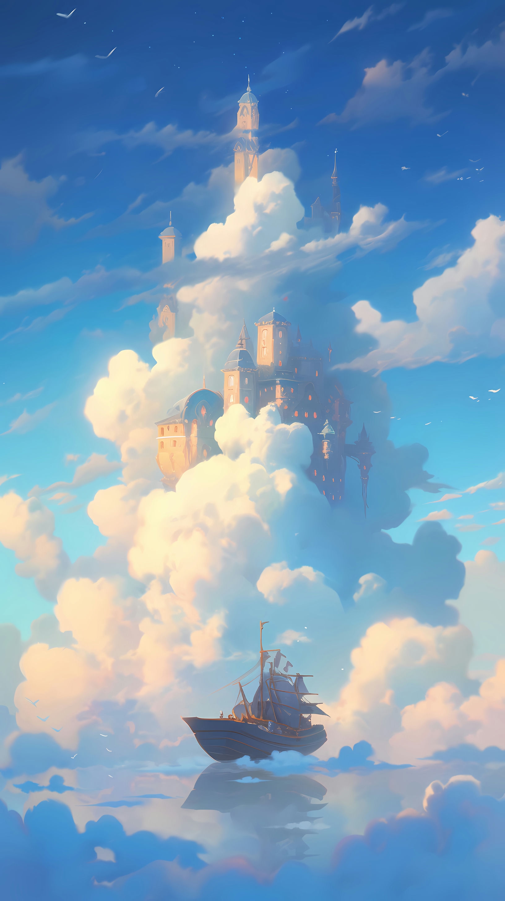 This enchanting anime wallpaper captures the ethereal beauty of Laputa, the floating island from Studio Ghibli's classic film 'Castle in the Sky