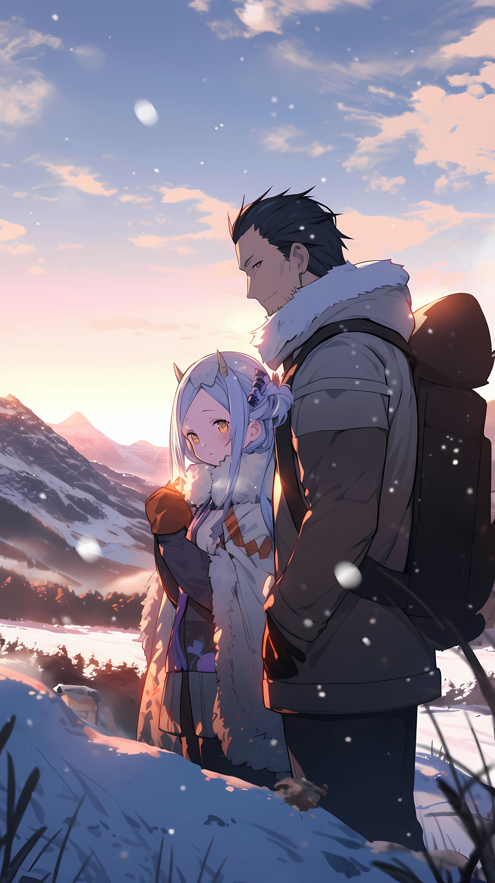 This captivating anime wallpaper features Subaru Natsuki and Emilia from the popular series 'Re:Zero - Starting Life in Another World