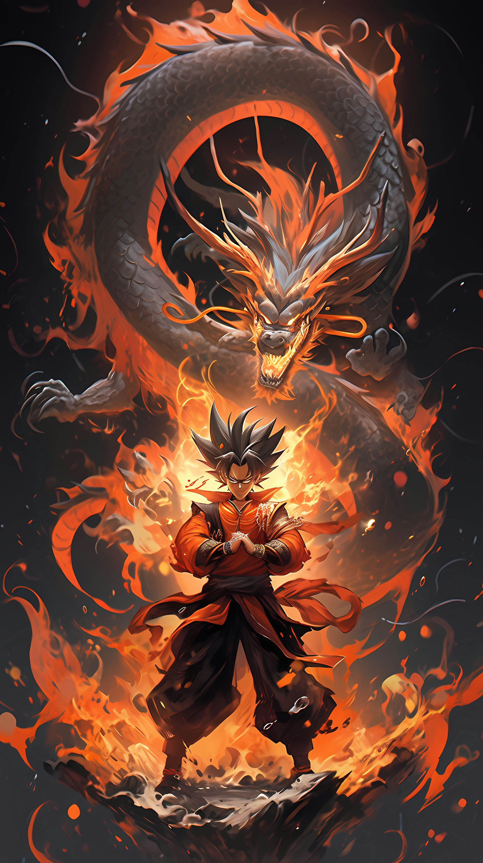 This anime wallpaper captures a dramatic moment from Dragon Ball Z, where the iconic character Goku summons the powerful dragon Shenron