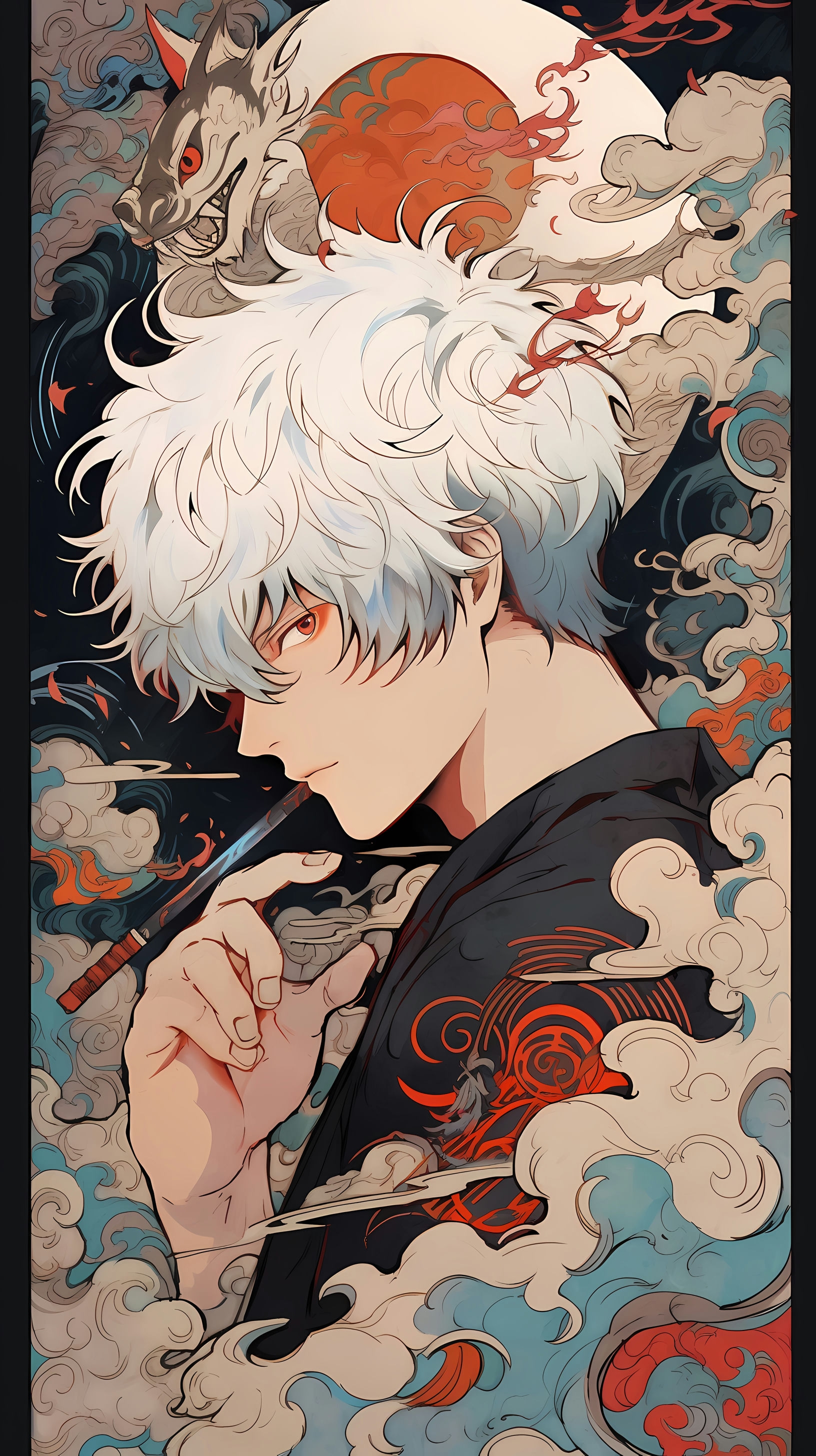 This anime wallpaper features Gintoki Sakata, the protagonist of the popular series Gintama, set against a dramatic backdrop of traditional Edo-period Japan