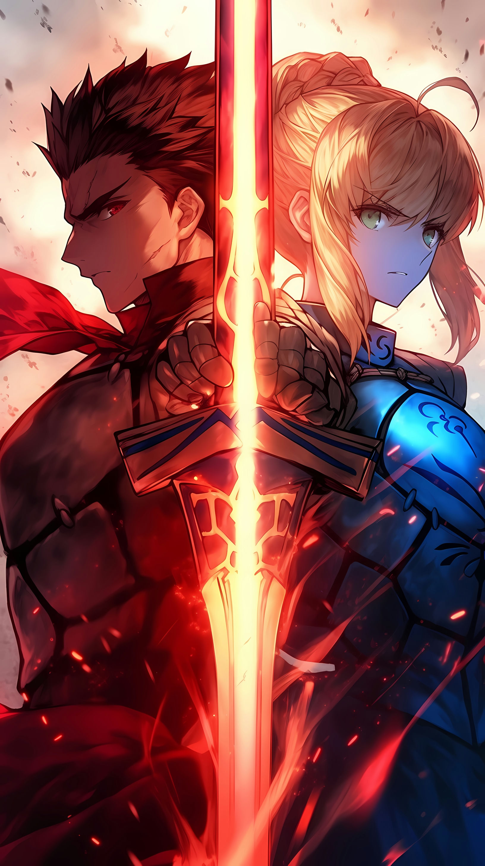 This anime wallpaper captures an intense moment between Saber and Shirou, iconic characters from the Fate series