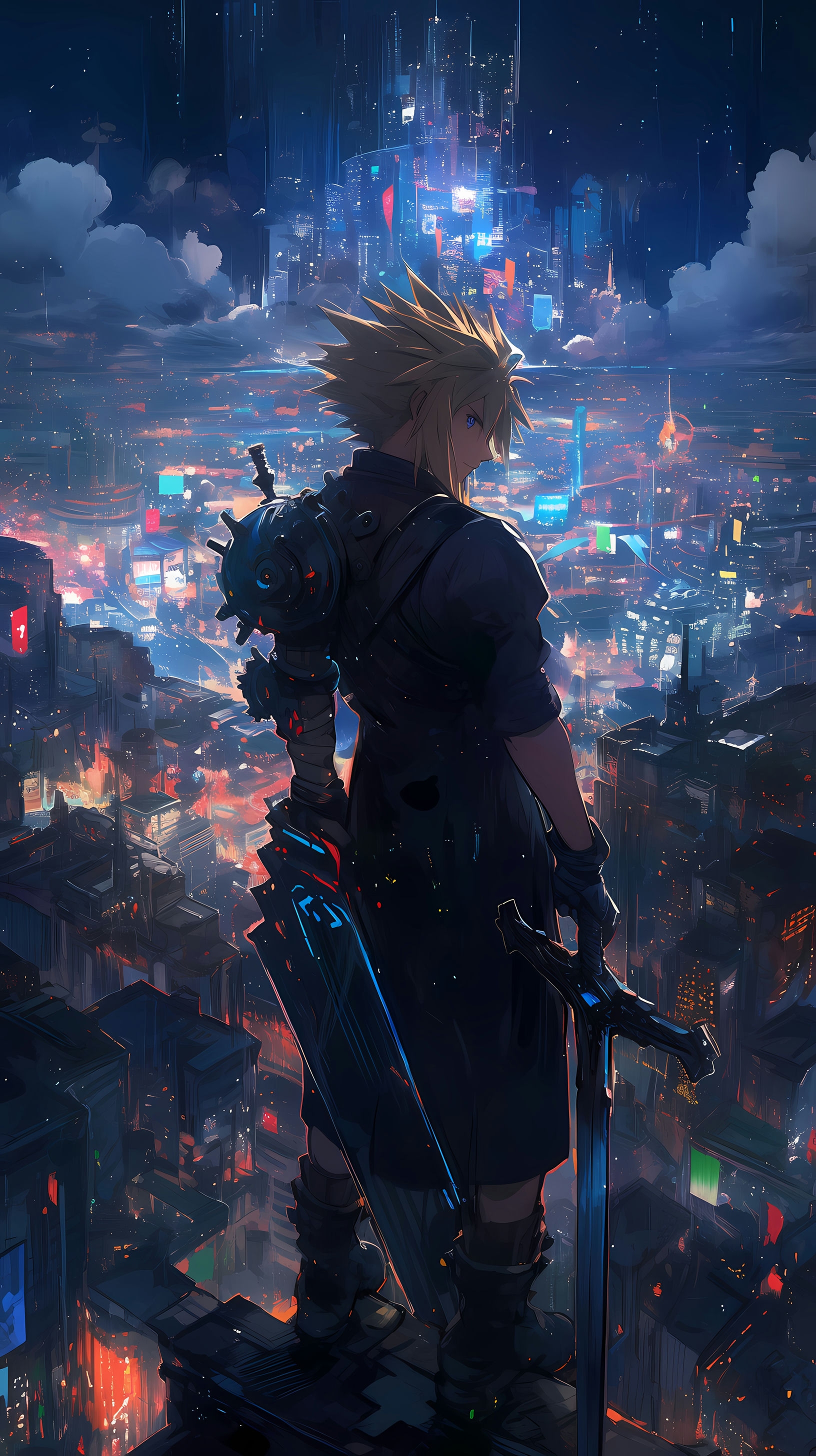This anime wallpaper features Cloud Strife, a iconic character from Final Fantasy VII, standing on the edge of a futuristic cityscape