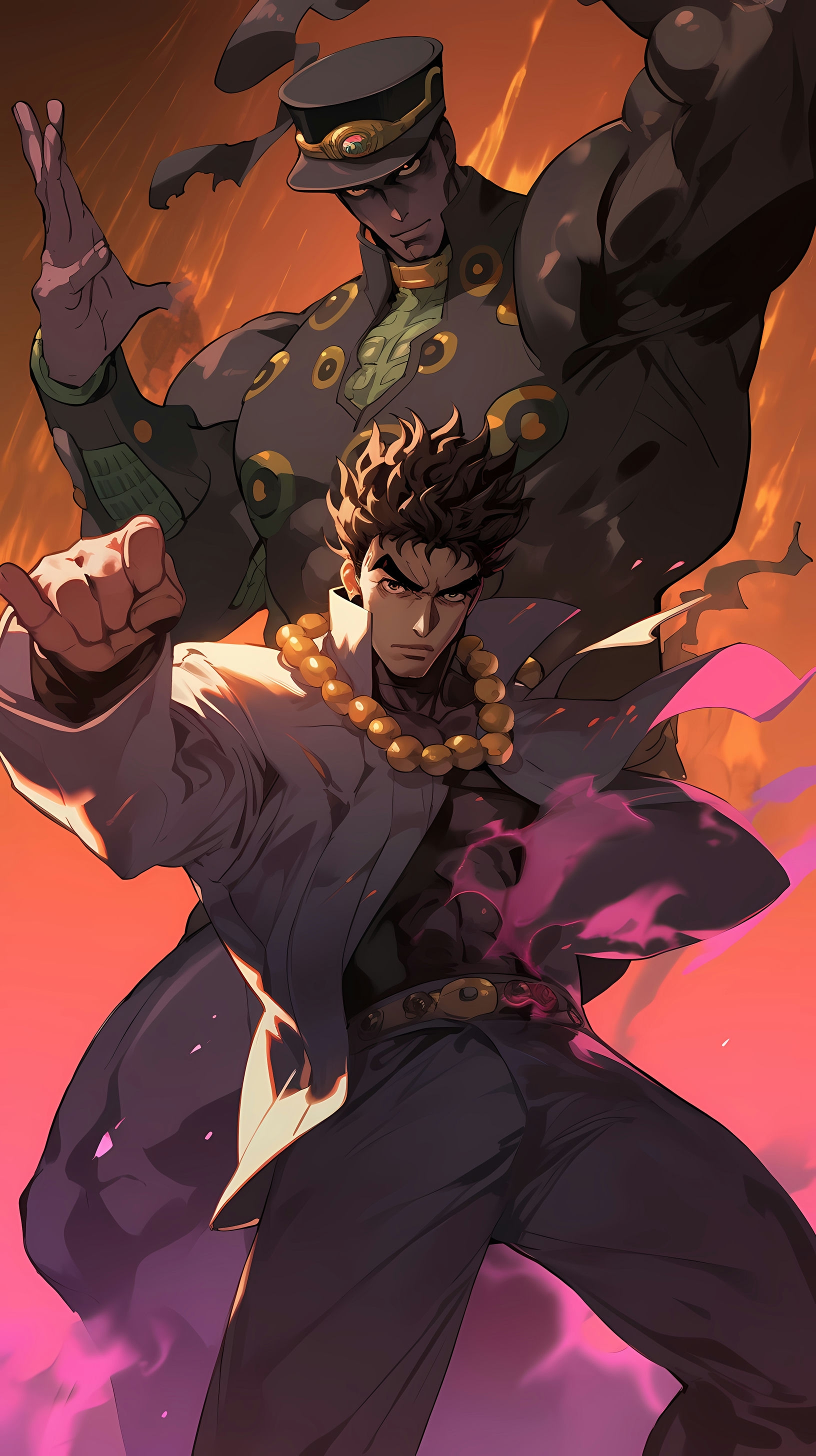 This anime wallpaper captures an intense and iconic moment from JoJo's Bizarre Adventure, featuring Jotaro Kujo and Dio Brando in a fierce battle