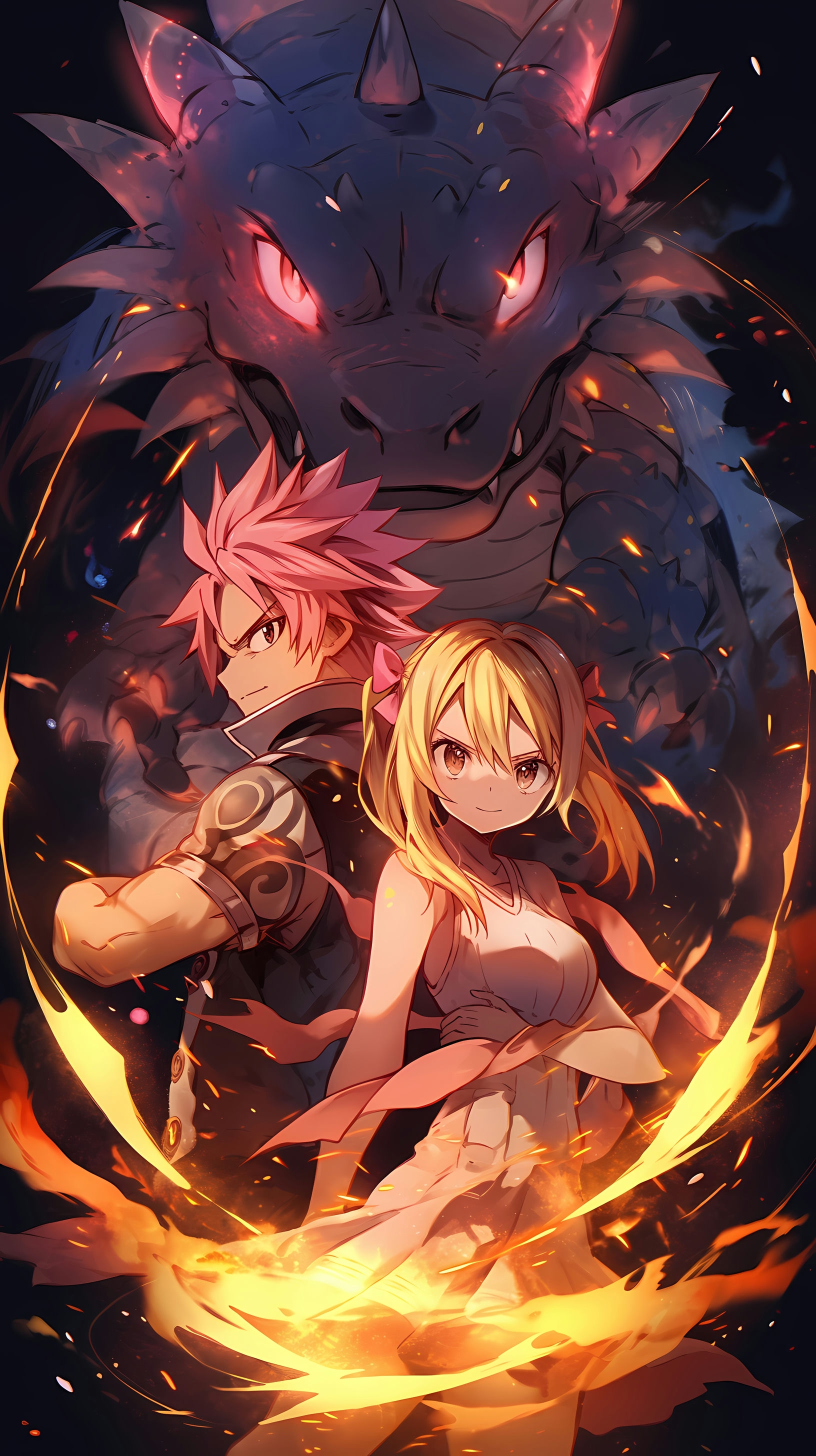 This anime wallpaper features Natsu and Lucy from the popular series Fairy Tail, standing together against a dramatic backdrop of magical glyphs and fiery elements