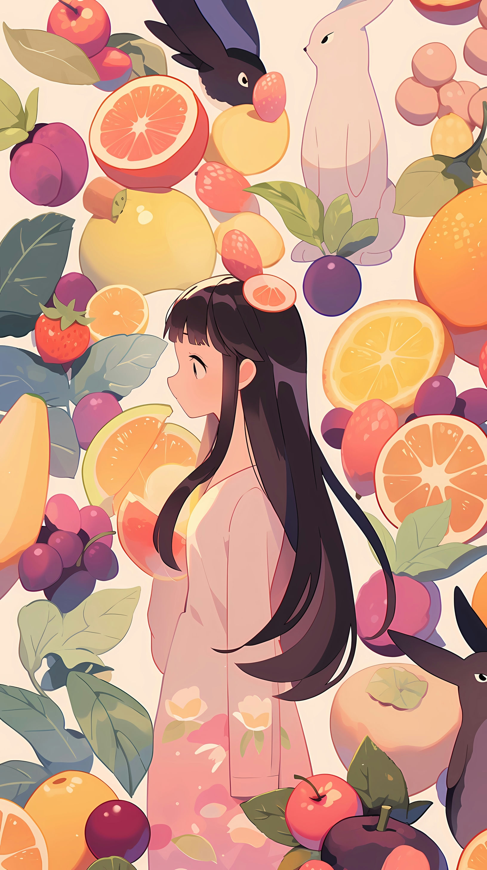 This vibrant anime wallpaper features Tohru Honda, a beloved character from the 'Fruits Basket' series, surrounded by a lush and colorful array of fruits