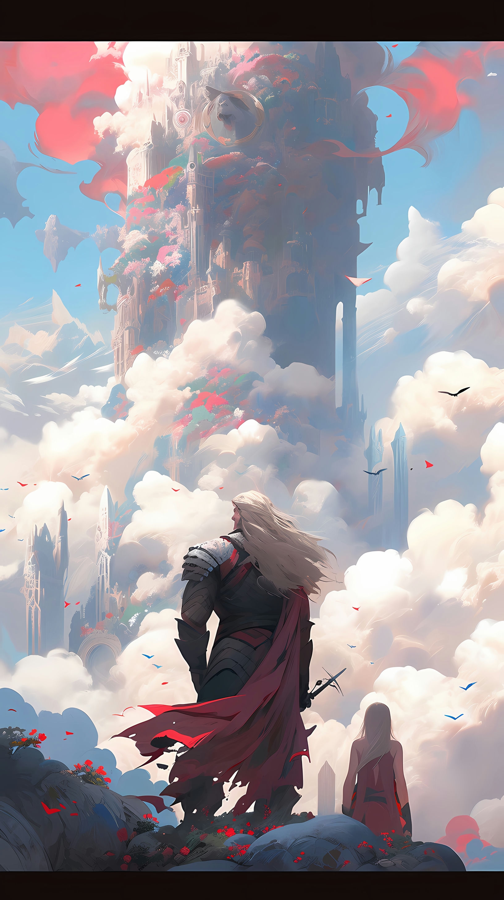 This anime wallpaper captures a breathtaking scene from Marvel's Thor, showcasing the mighty Thor standing tall amidst the clouds of Asgard