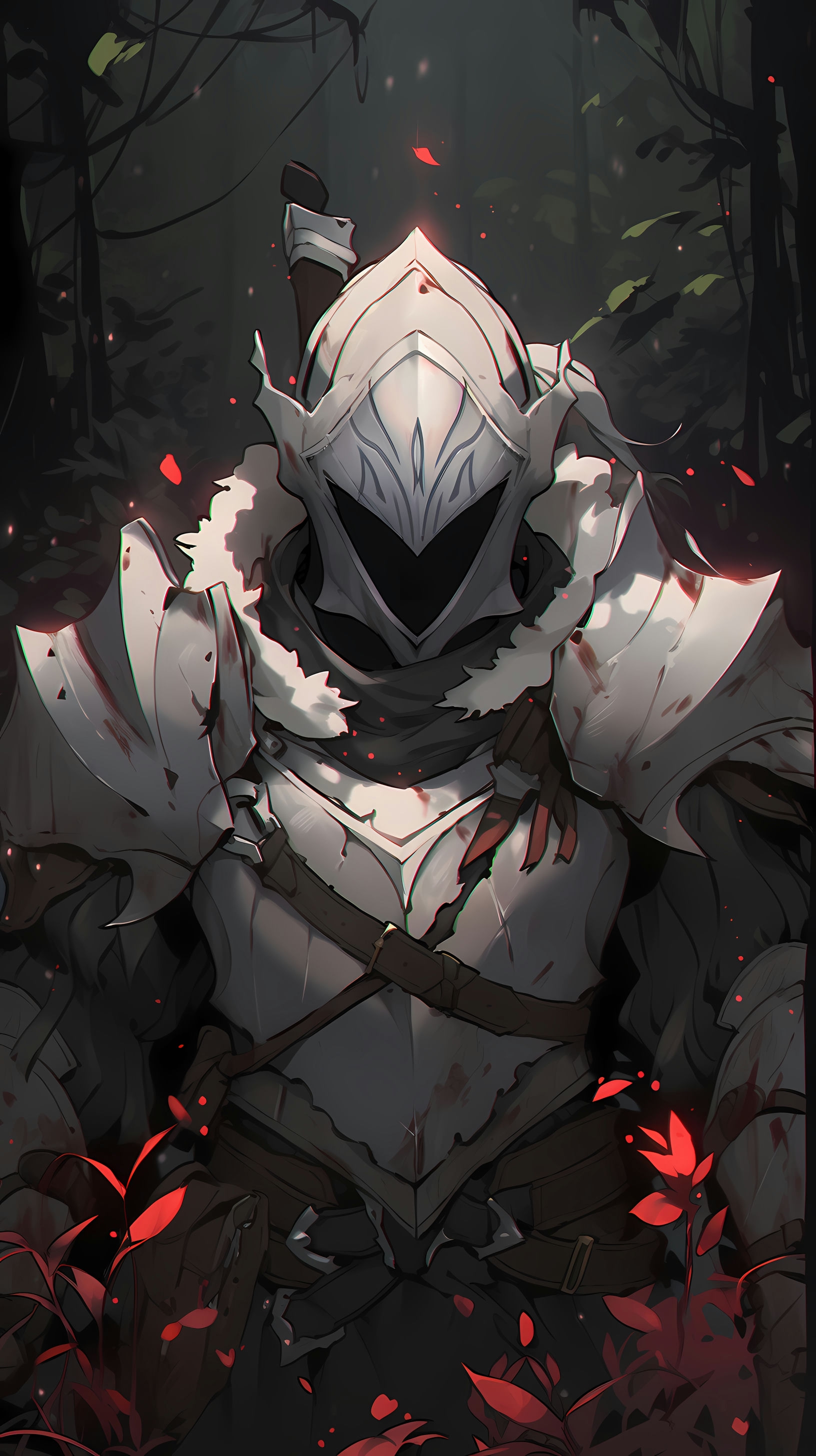 This captivating anime wallpaper features the iconic Goblin Slayer, a formidable and mysterious character, standing in the heart of a dark and eerie forest