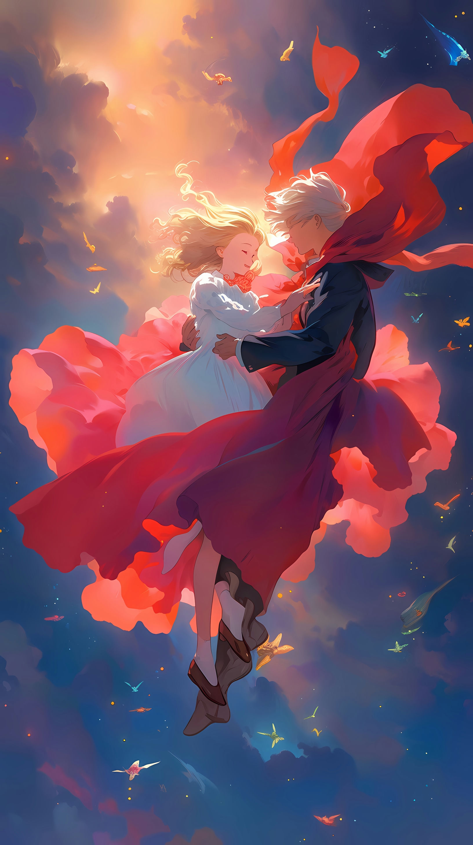 This enchanting anime wallpaper captures a magical moment between Howl and Sophie from the beloved series 'Howl's Moving Castle