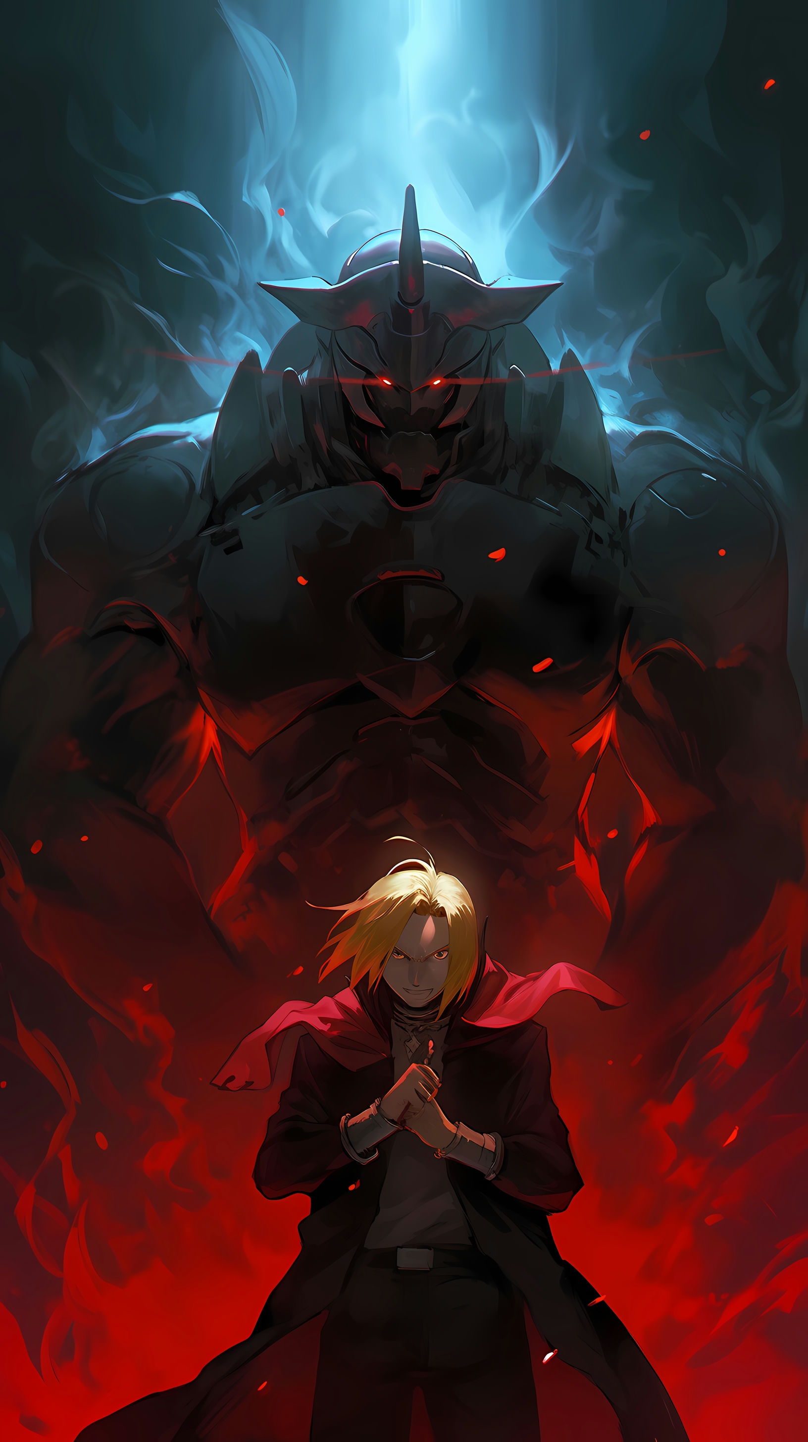 This anime wallpaper captures a dramatic moment from Fullmetal Alchemist, featuring the Elric brothers in a tense and action-packed scene