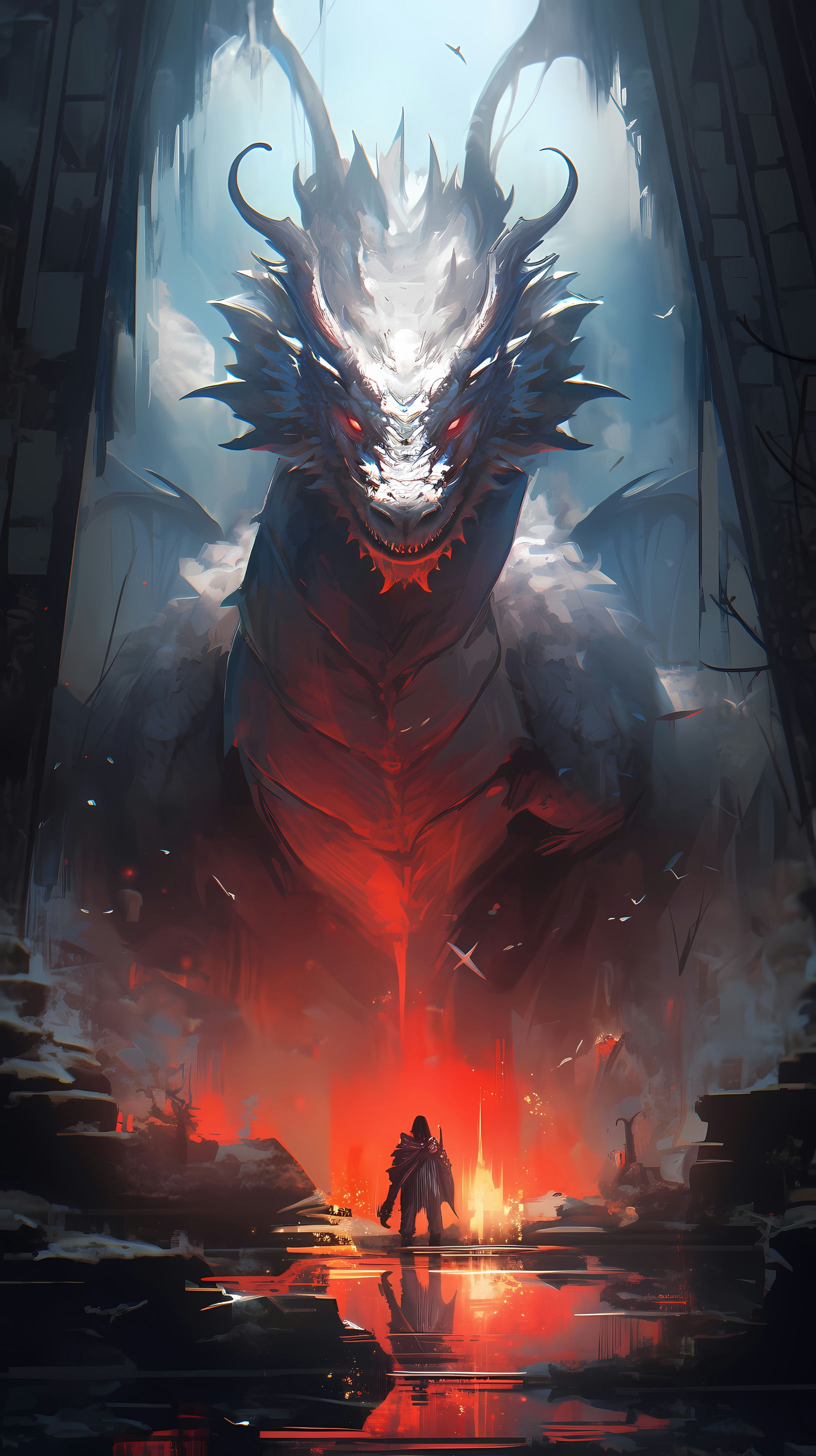 This anime wallpaper depicts a majestic and fearsome dragon in its lair, exuding an aura of power and mystique