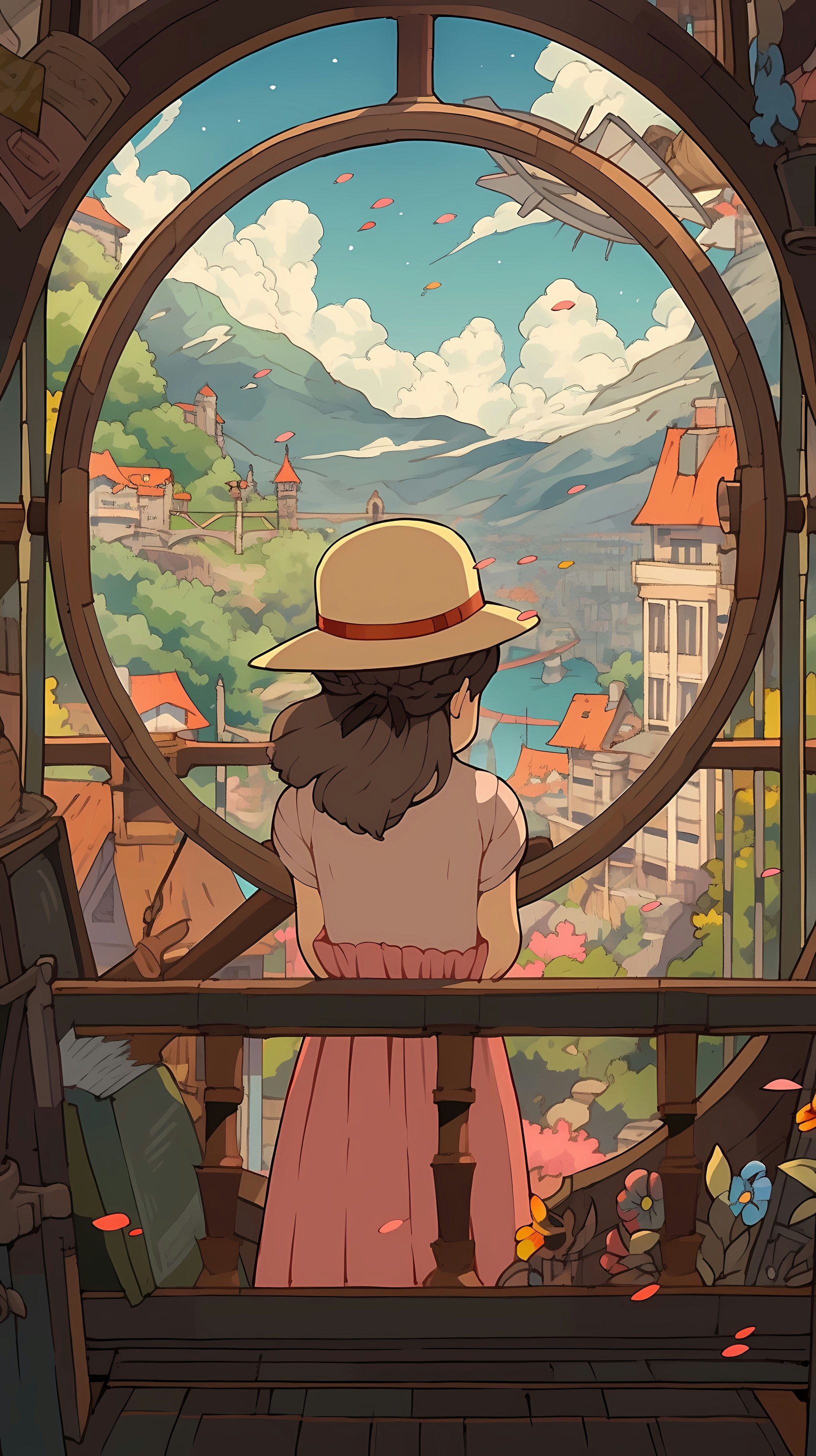 This captivating anime wallpaper features Sophie, a young woman from Studio Ghibli's 'Howl's Moving Castle