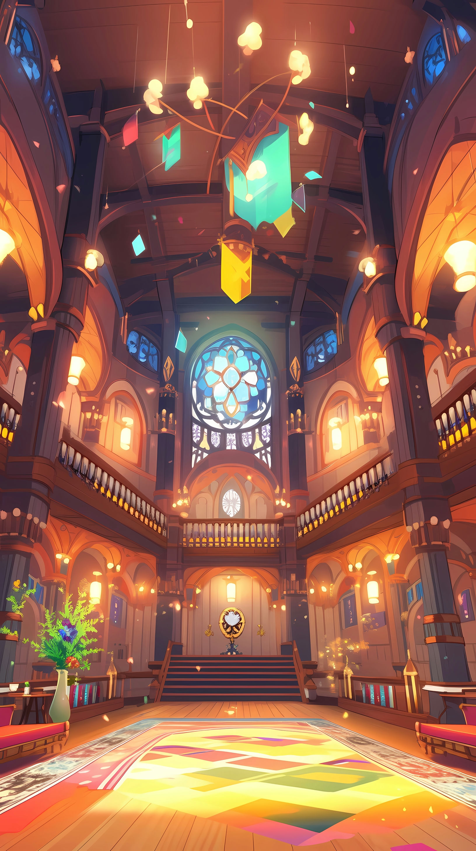 This anime wallpaper captures the vibrant and enchanting interior of the Fairy Tail Guild Hall
