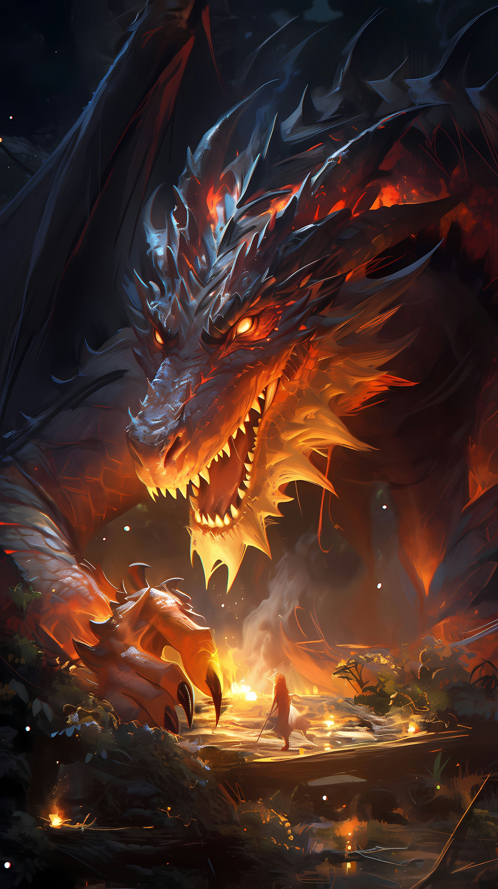 This captivating anime wallpaper showcases a majestic dragon in its fiery lair