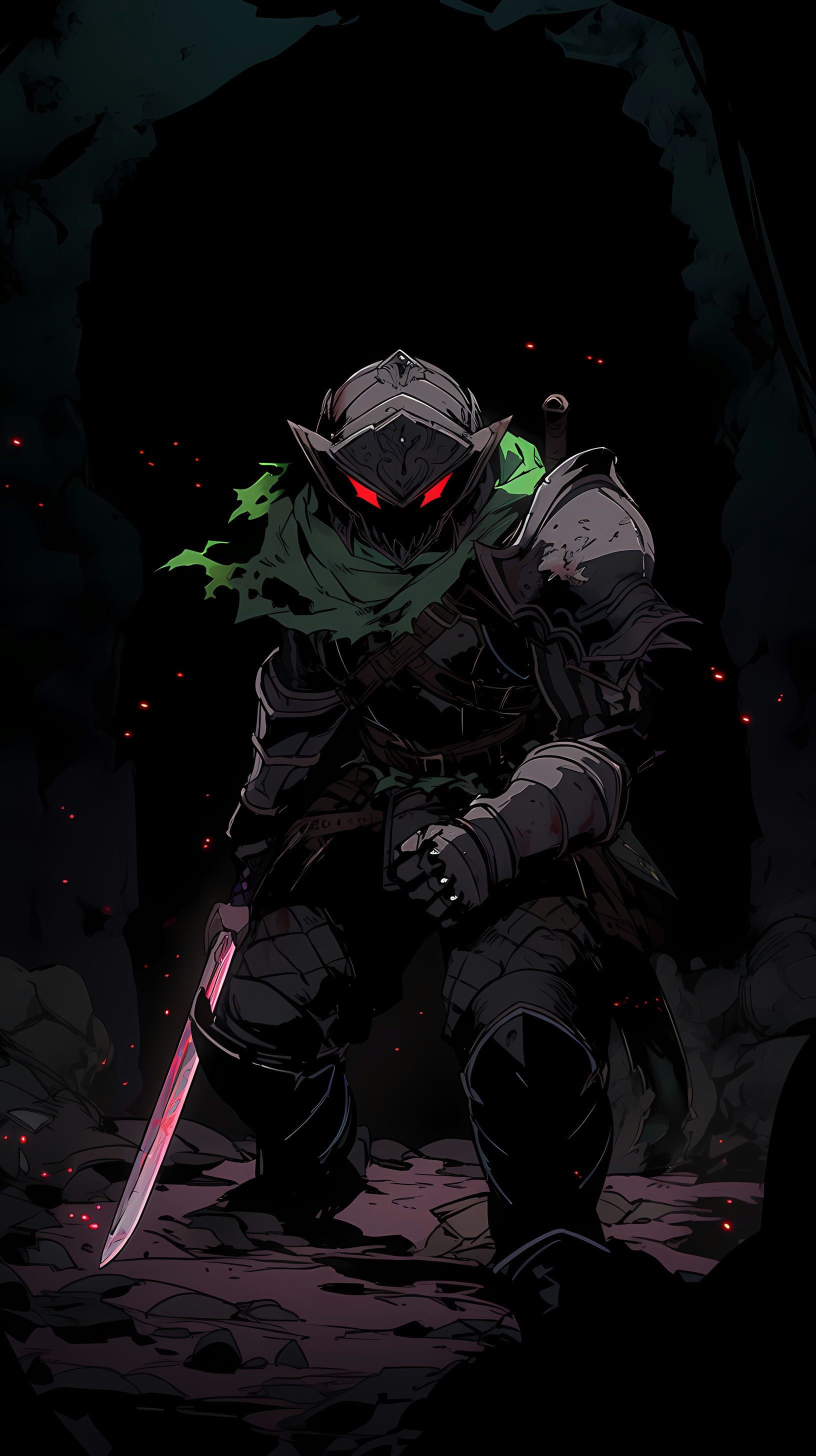 This anime wallpaper features a menacing goblin slayer, characterized by his green skin and glowing red eyes, poised in a dark, eerie cave