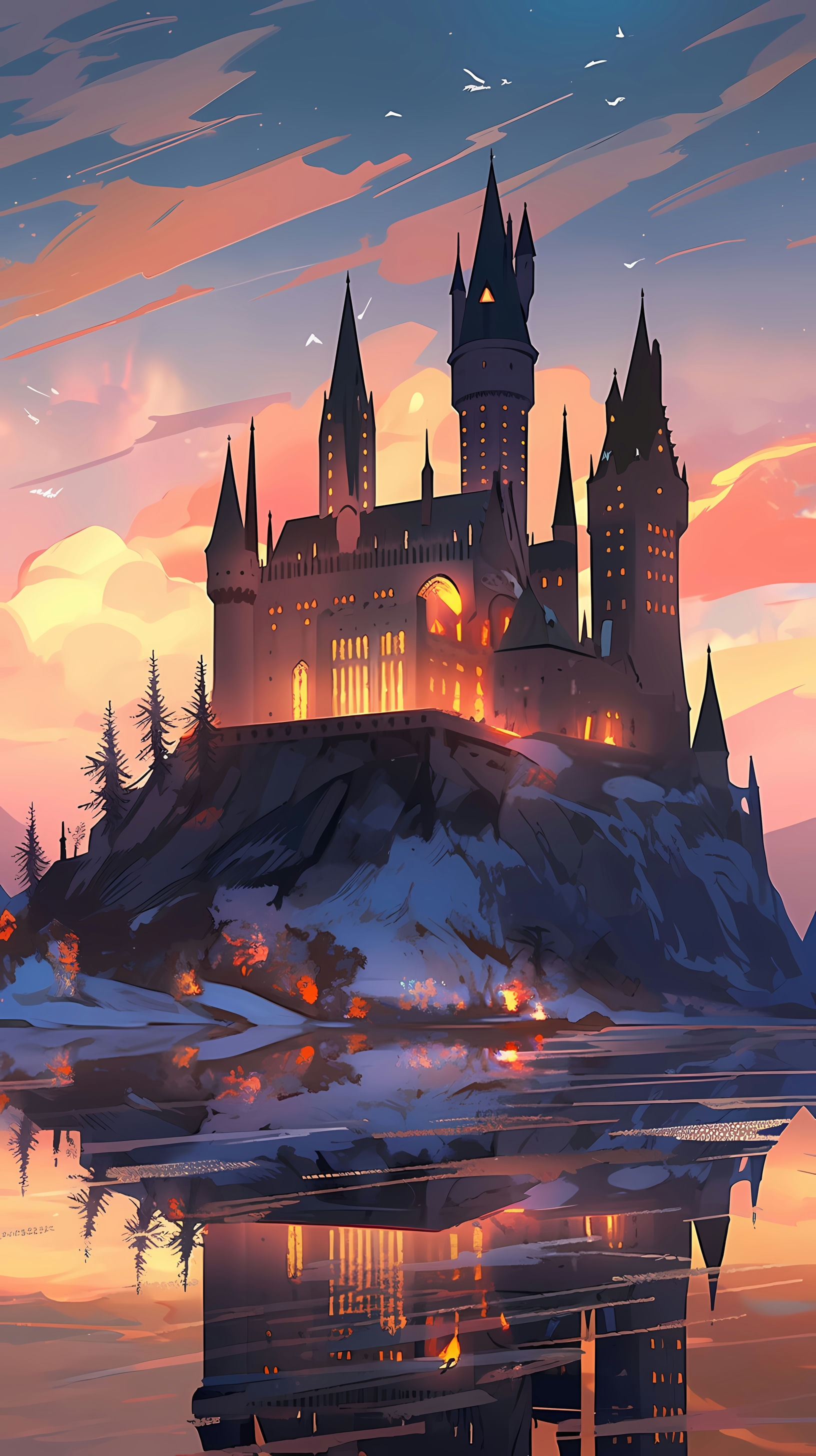 This enchanting anime wallpaper captures the iconic Hogwarts Castle from the Harry Potter series at dusk