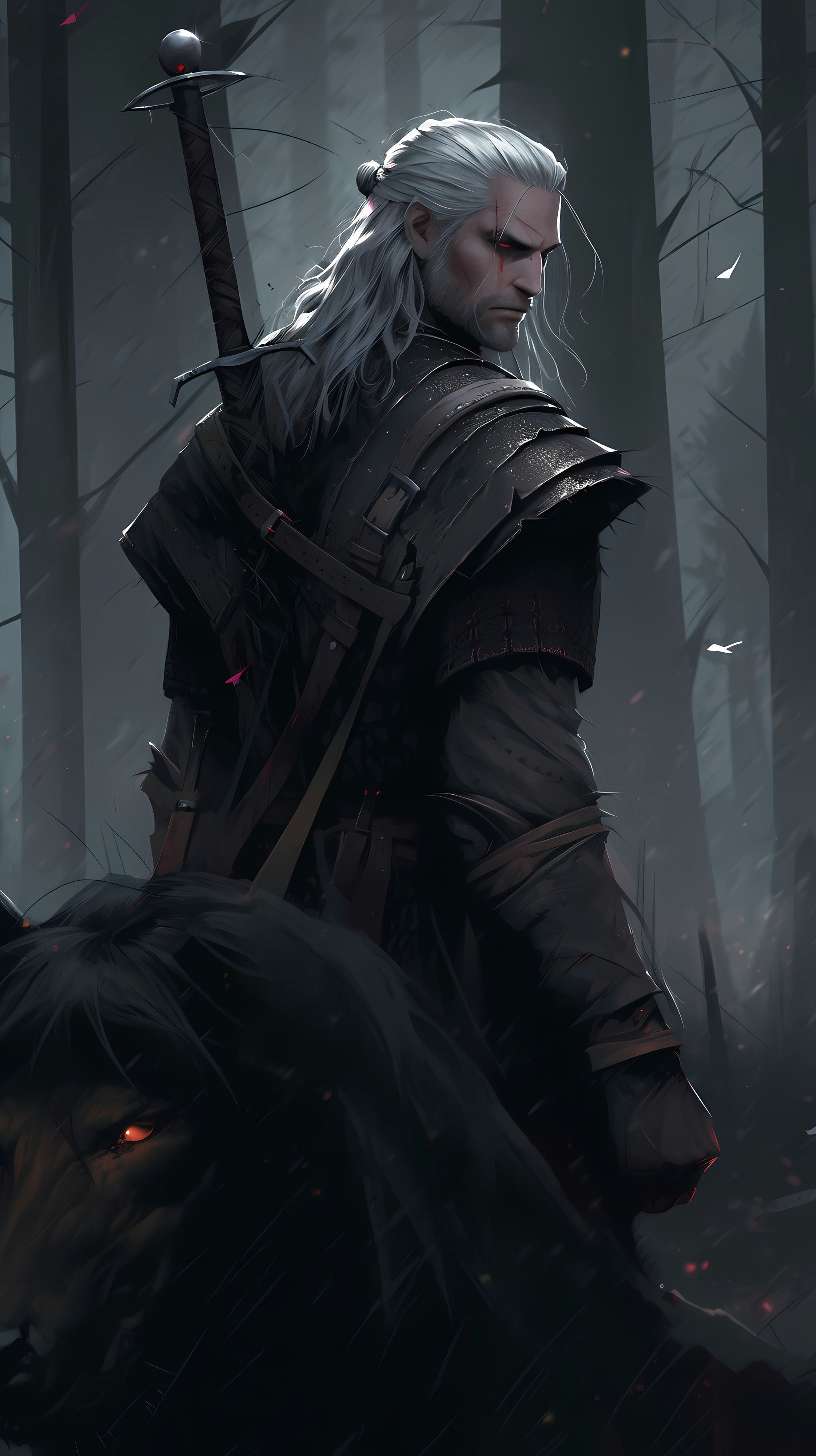 This captivating anime wallpaper features Geralt of Rivia, the iconic protagonist from the Witcher series, standing resolute amidst a mystical and eerie forest