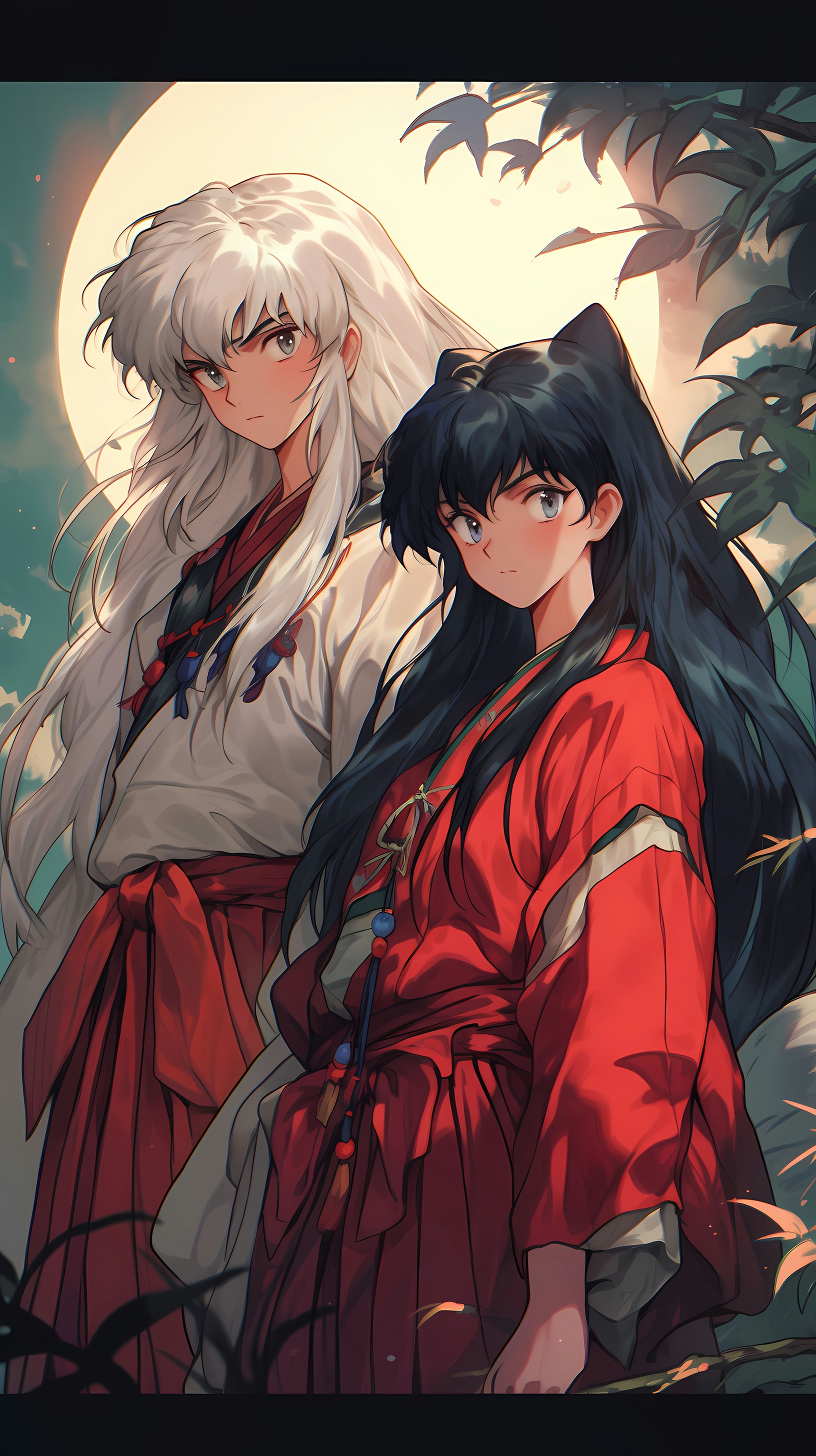 This anime wallpaper captures a serene moment between Inuyasha and Kagome, two iconic characters from the beloved series 'Inuyasha