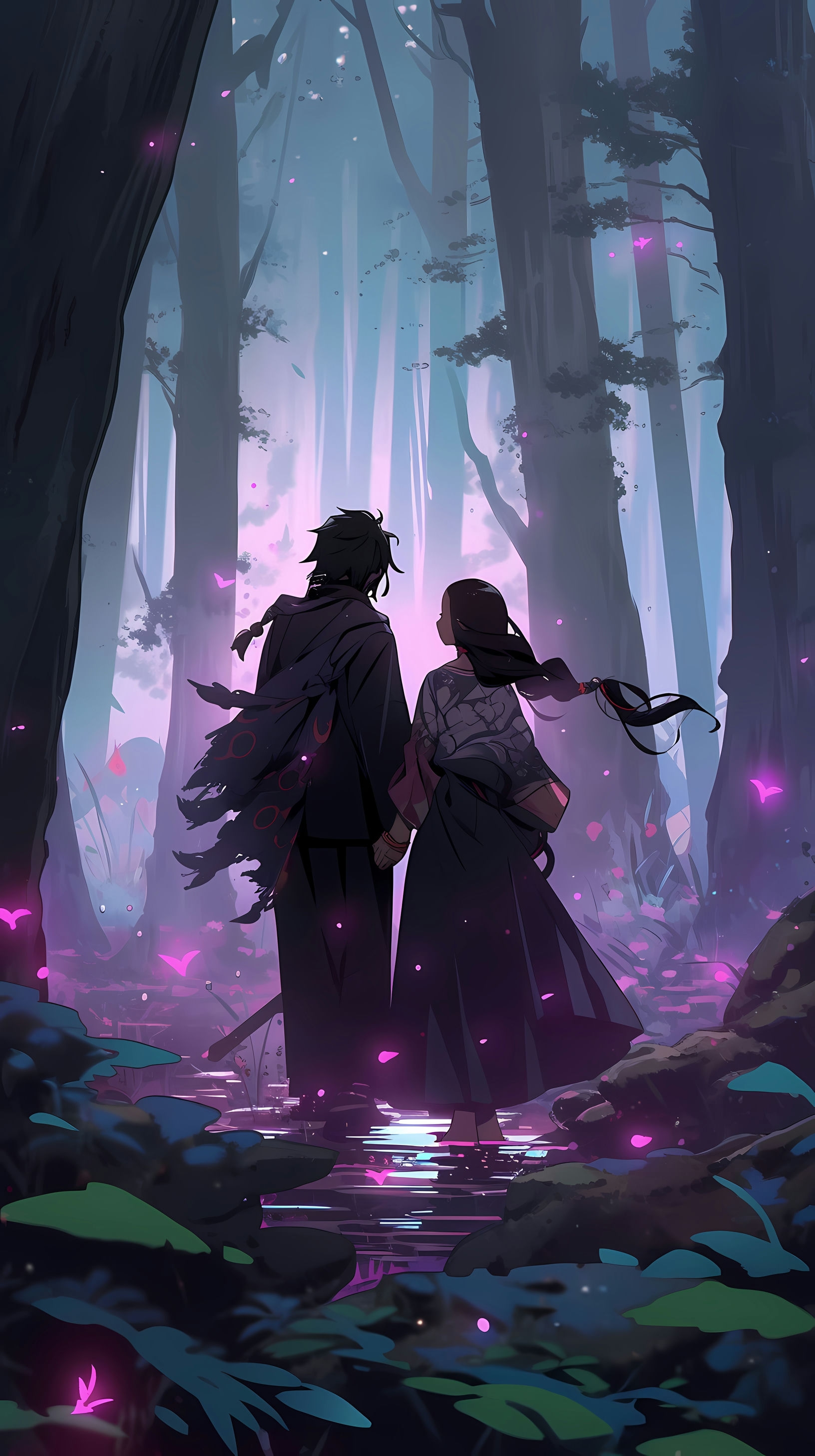 This captivating anime wallpaper features Tanjiro and Nezuko from the popular series 'Demon Slayer' as they traverse a mystical forest