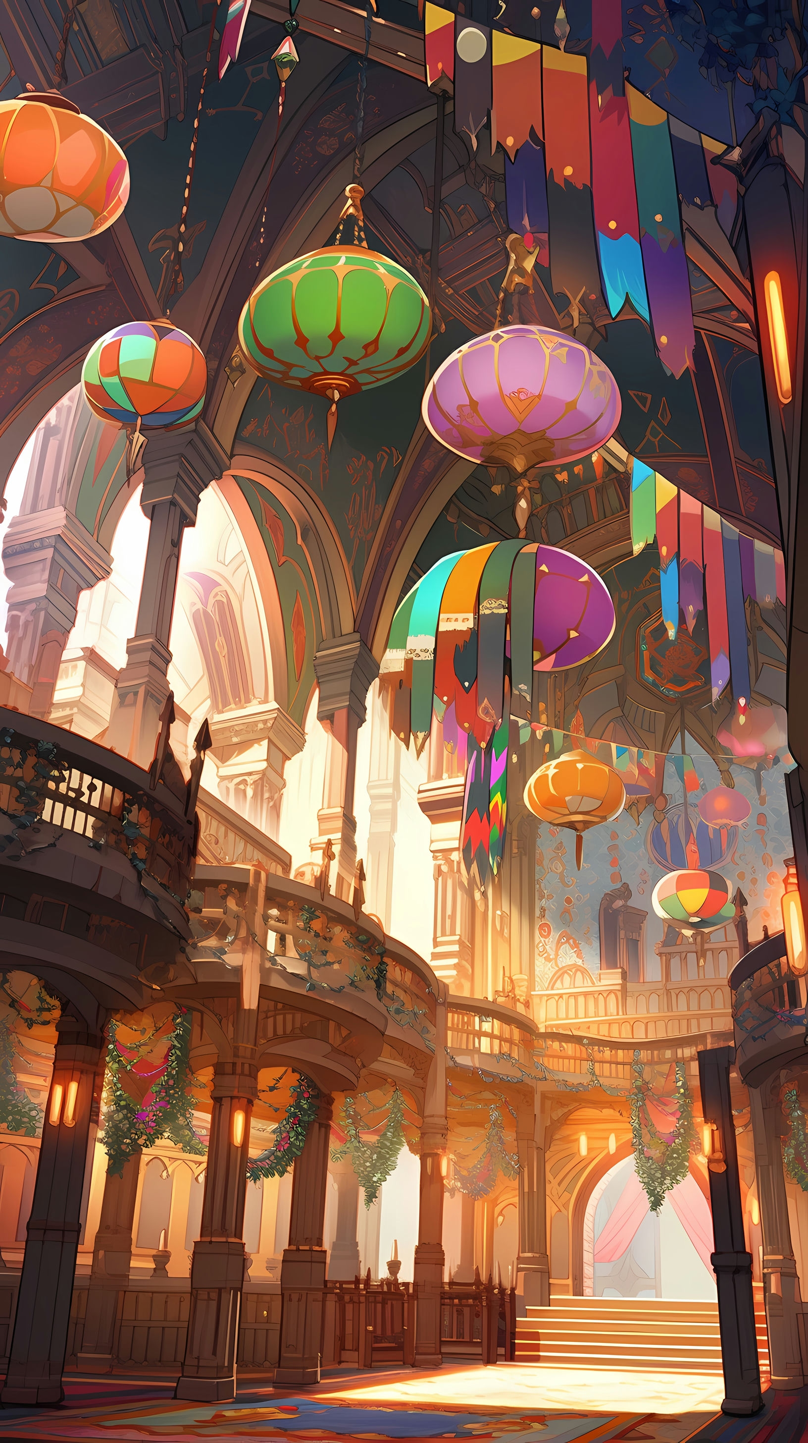This anime wallpaper captures the enchanting interior of the Fairy Tail Guild Hall, adorned with vibrant and colorful lanterns