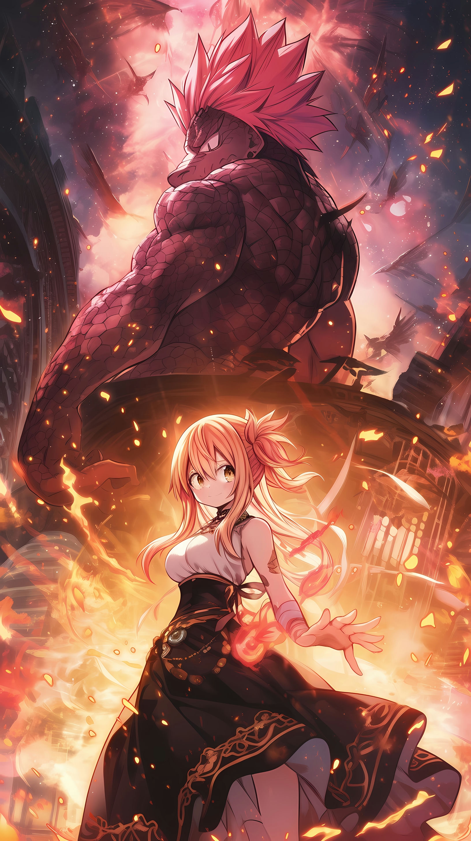 This captivating anime wallpaper features Natsu and Lucy from the popular series Fairy Tail