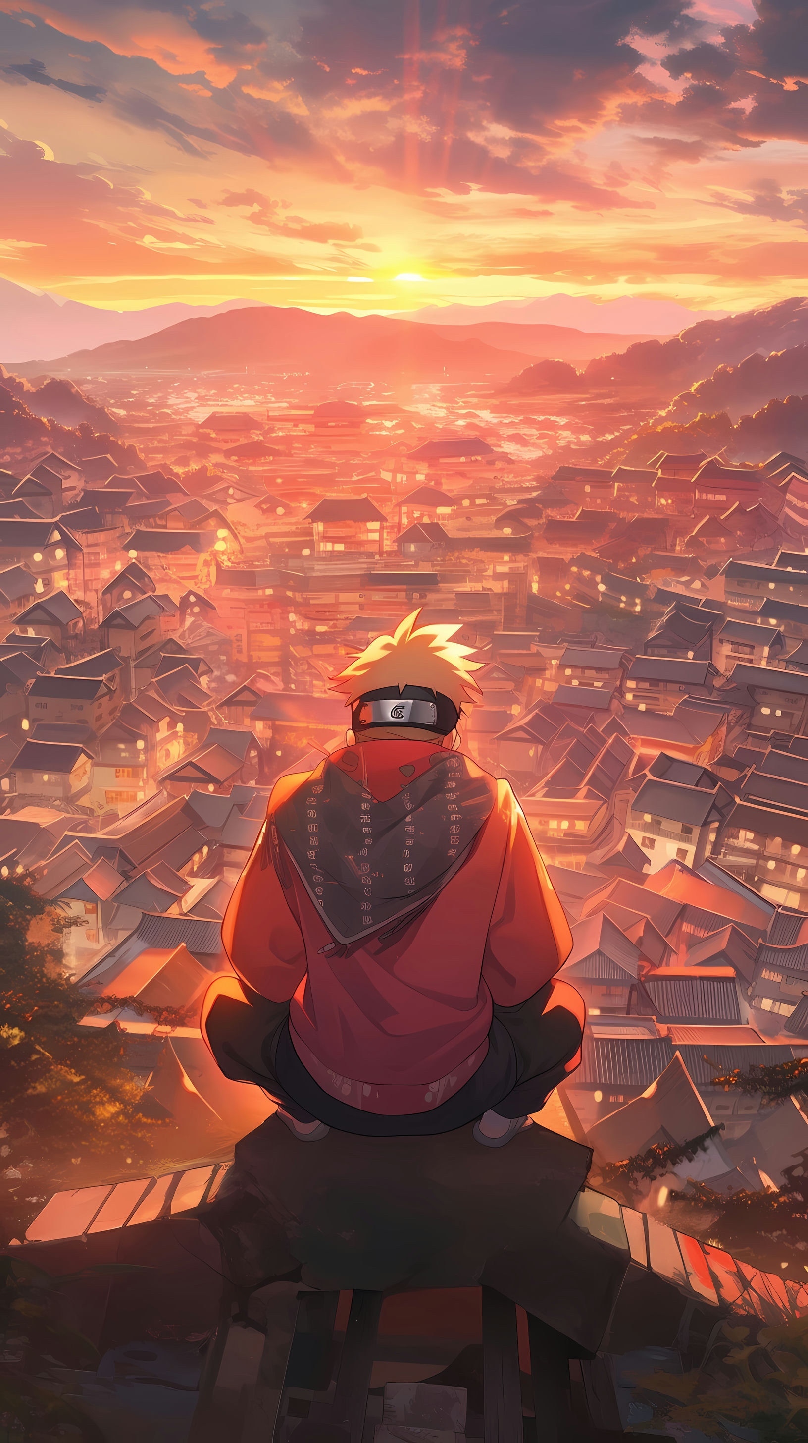 This captivating anime wallpaper showcases Naruto Uzumaki, the protagonist of the popular series 'Naruto,' perched on a rooftop overlooking the Hidden Leaf Village during a breathtaking sunset