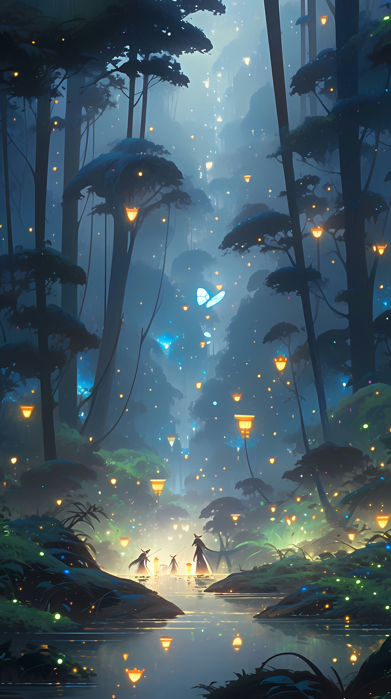 This enchanting anime wallpaper depicts a mystical forest bathed in the soft glow of fireflies