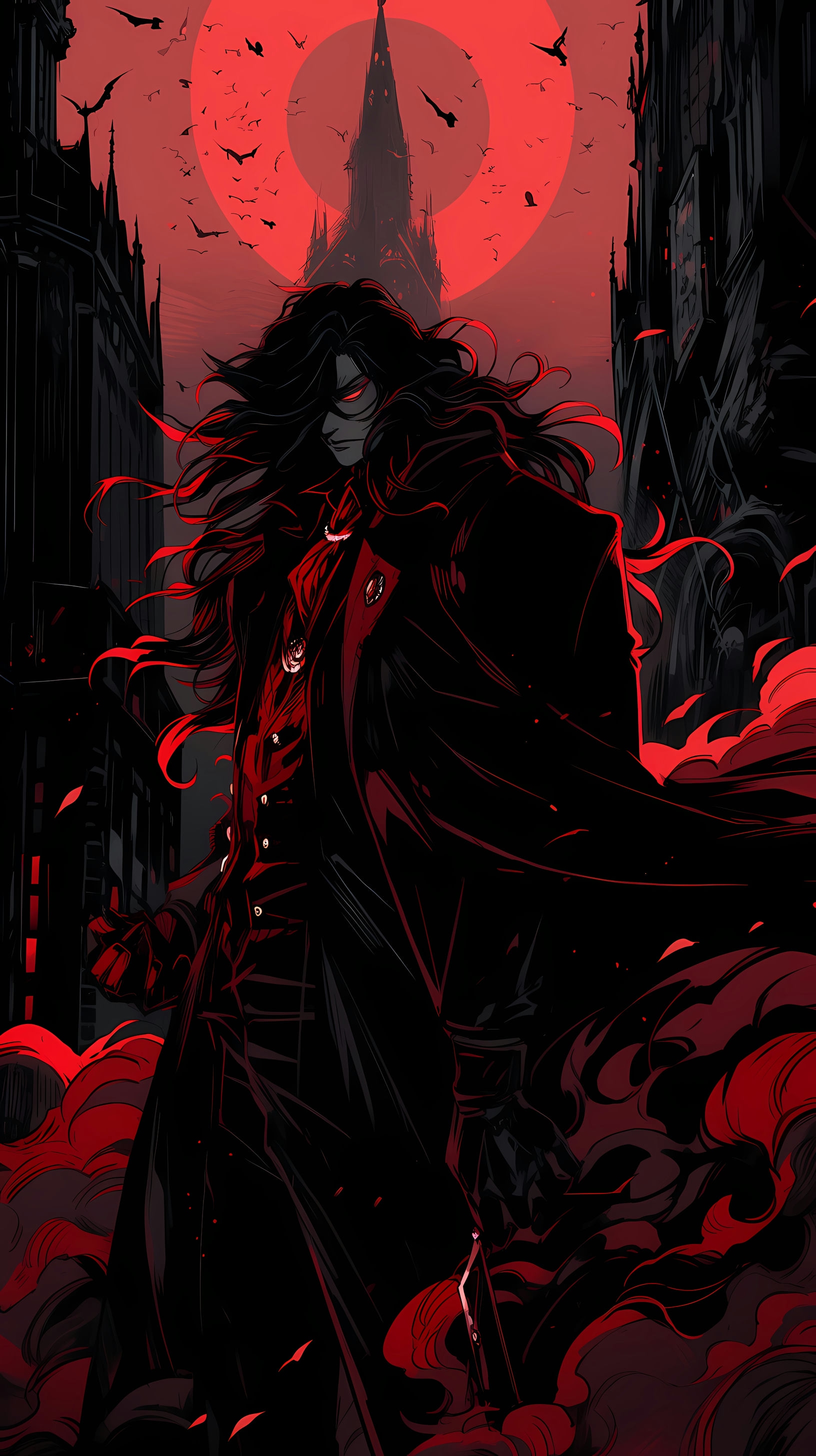 This anime wallpaper features the iconic character Alucard from the Hellsing series, standing in a dark and eerie gothic cityscape