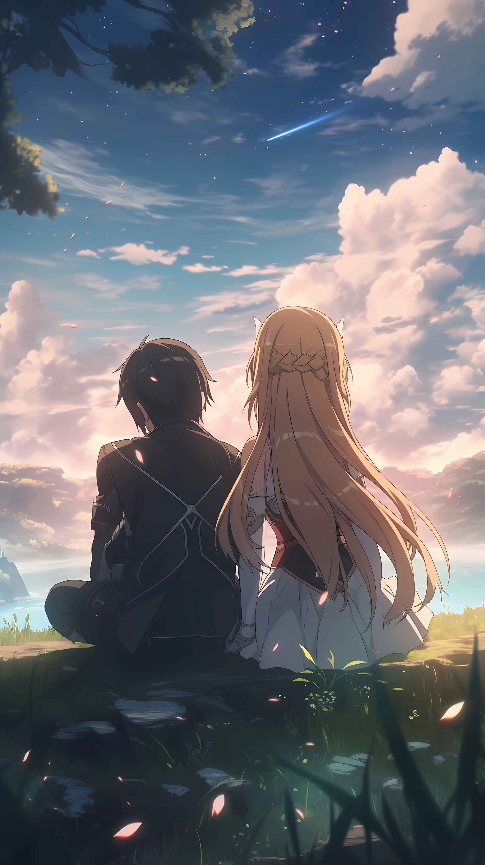 This captivating anime wallpaper features Kirito and Asuna, two iconic characters from Sword Art Online, as they sit together on a grassy hill, overlooking the vast expanse of Aincrad