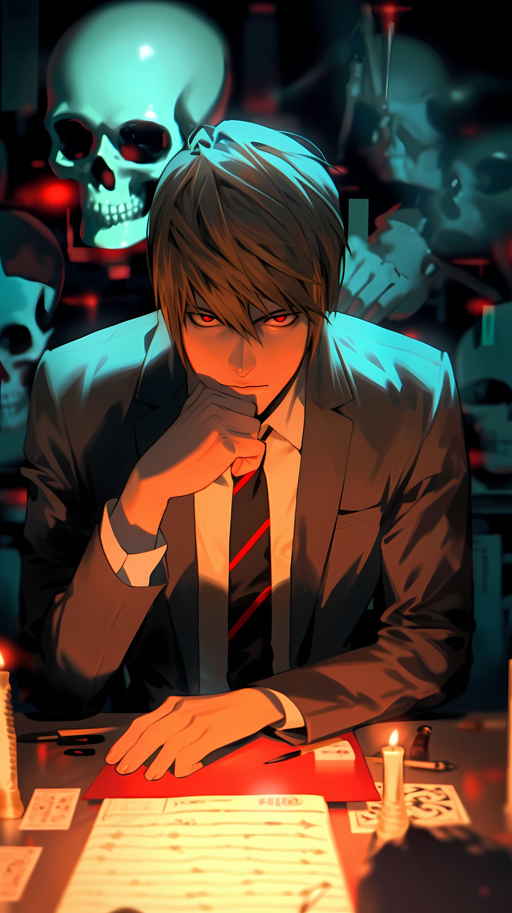 This captivating anime wallpaper features Light Yagami, the protagonist of Death Note, in a moment of deep contemplation