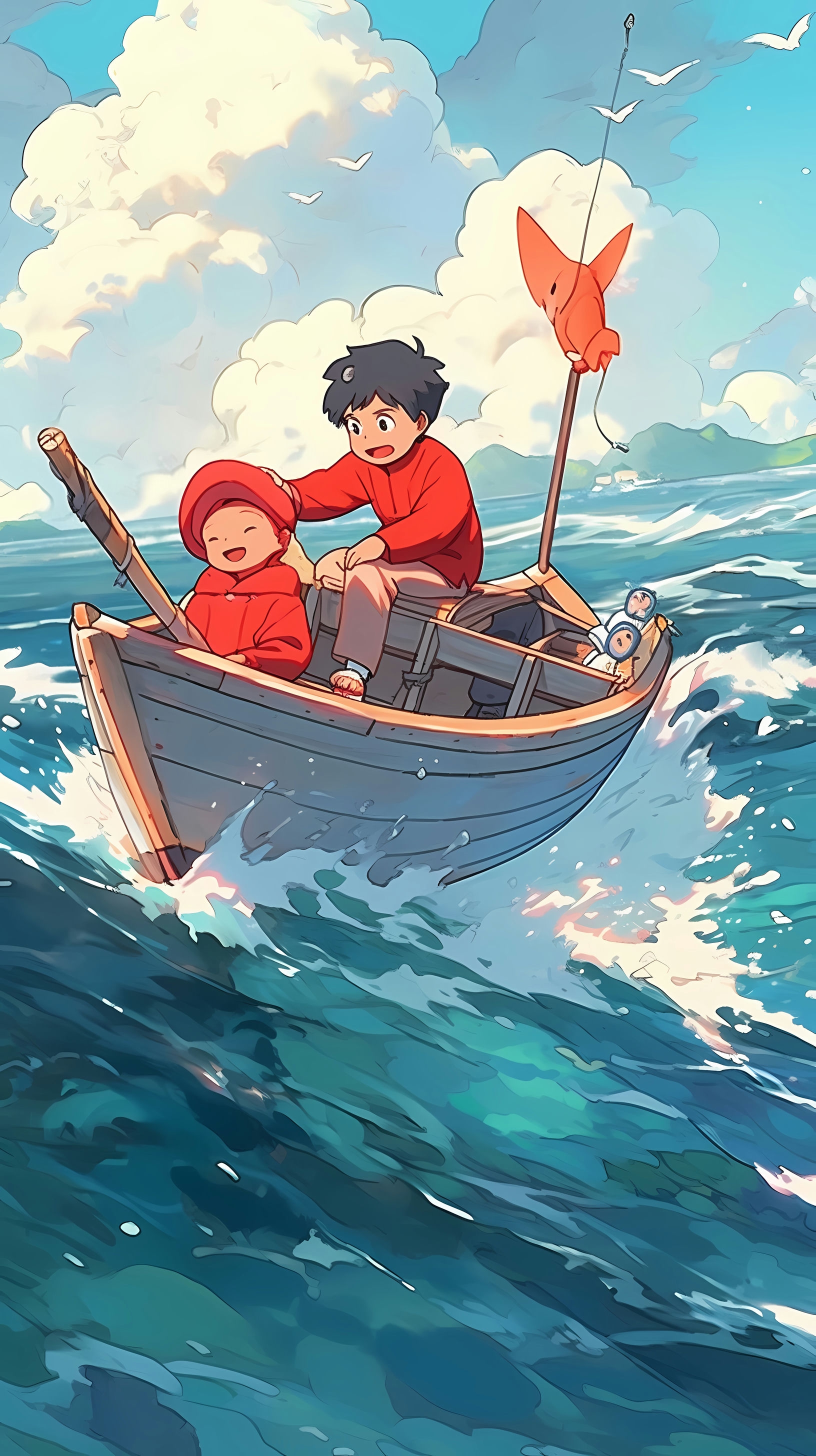 This enchanting anime wallpaper captures a whimsical moment from the beloved Studio Ghibli film 'Ponyo on the Cliff'