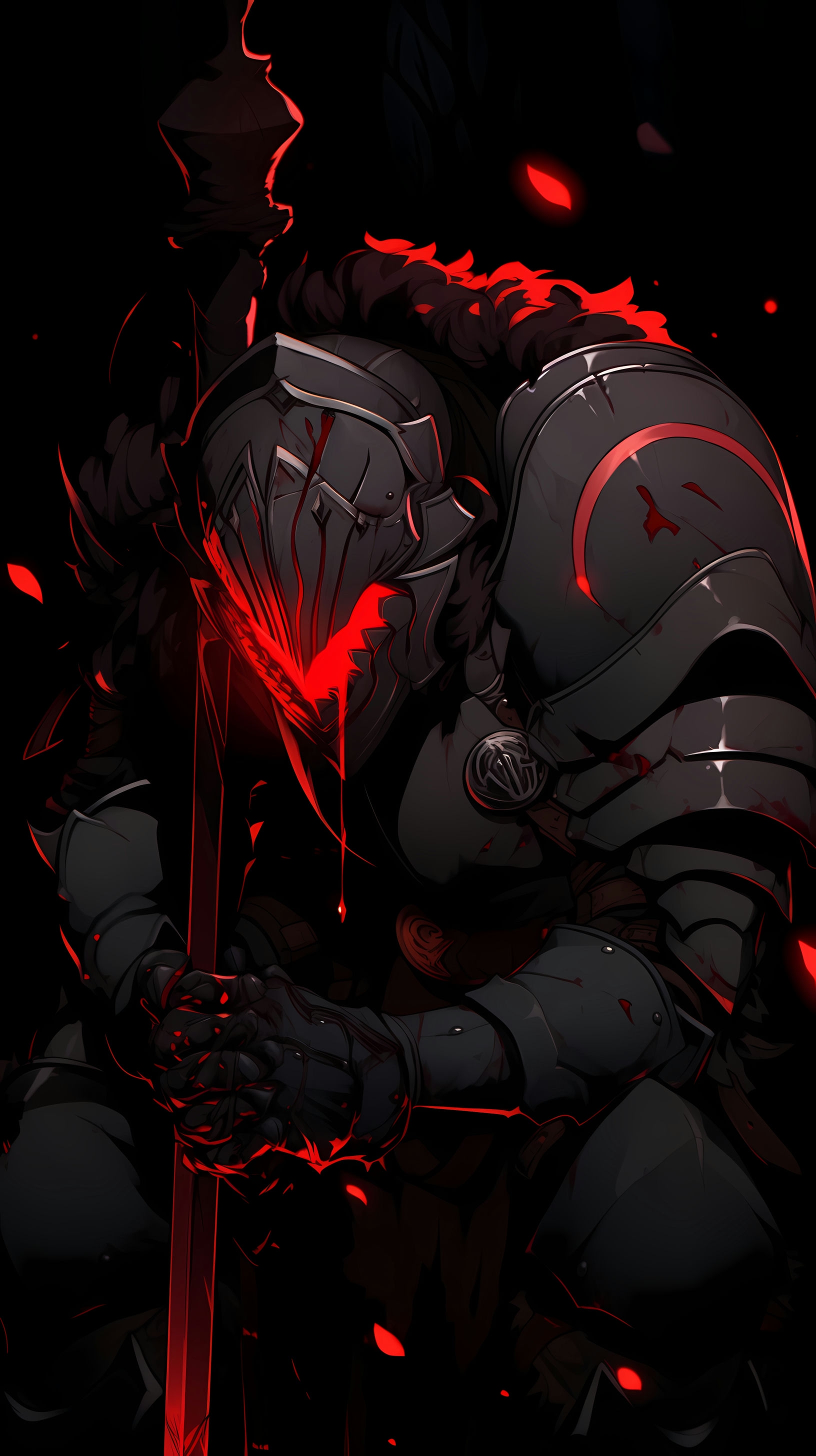 This anime wallpaper features the iconic character Goblin Slayer, clad in his signature dark armor, wielding a sword amidst a dark cave setting