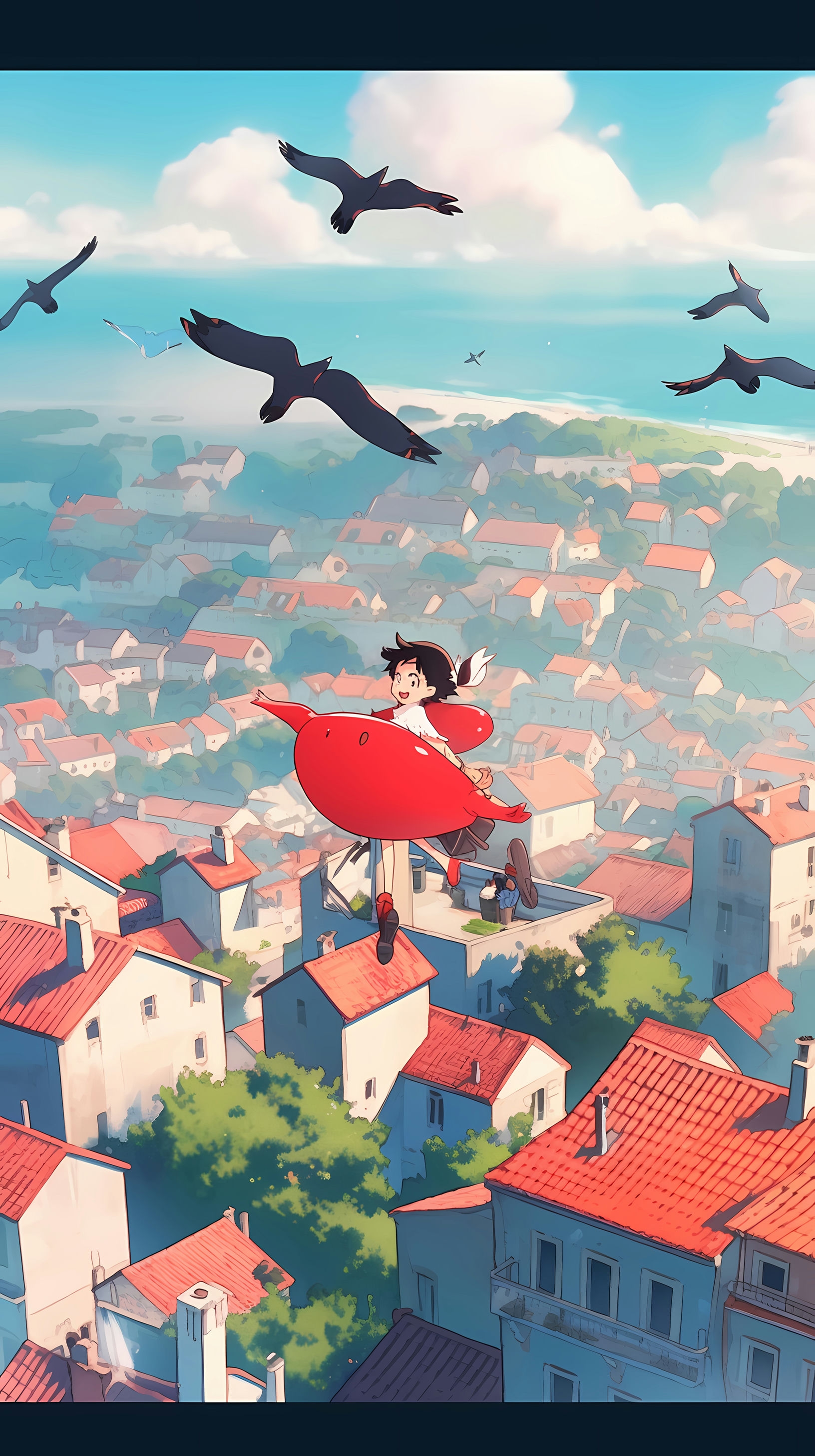 This enchanting anime wallpaper captures a scene from 'Kiki's Delivery Service,' where the young witch Kiki soars gracefully over a picturesque coastal town