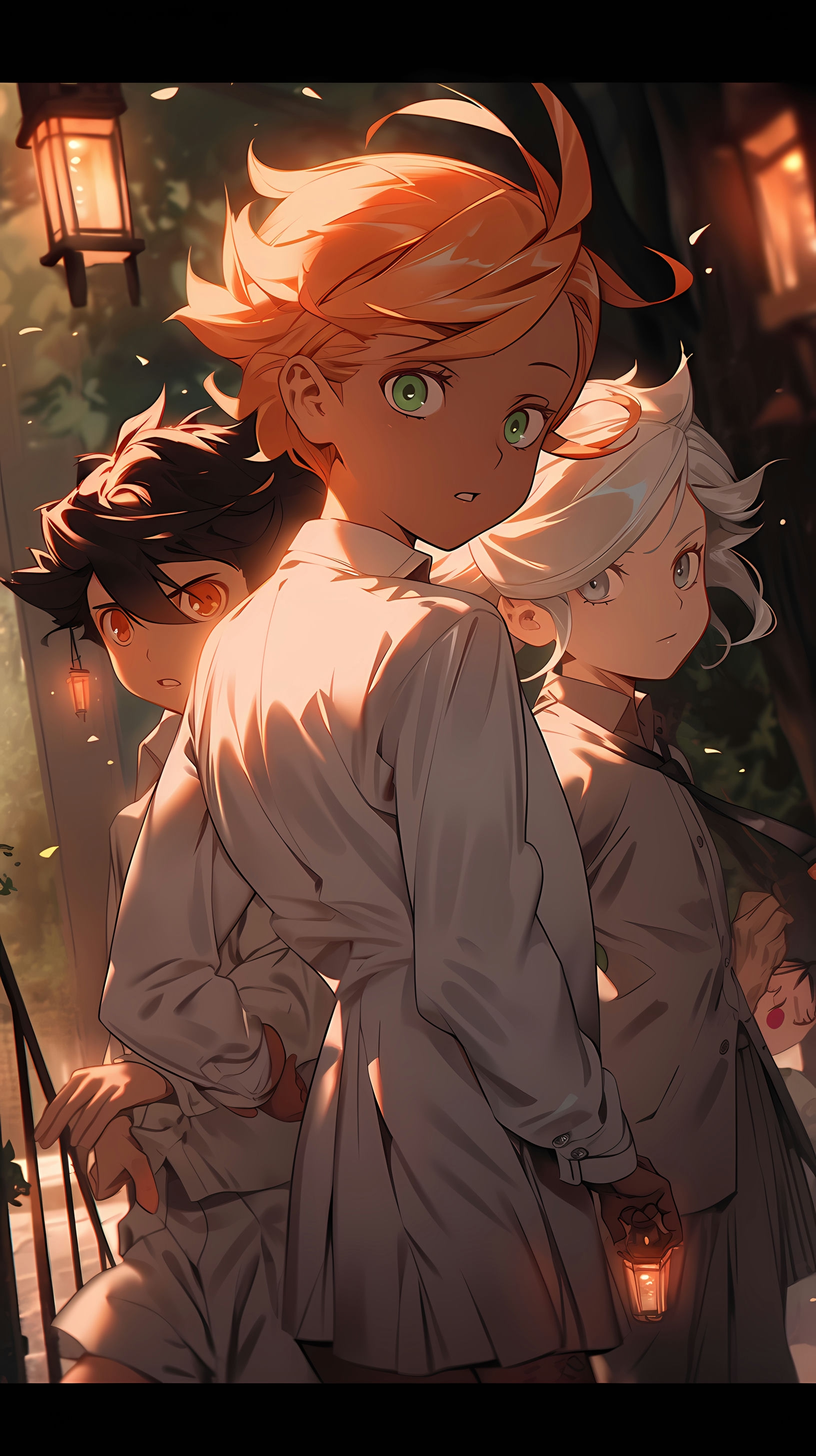This captivating anime wallpaper features Emma, the determined leader, and Norman, the brilliant strategist, from 'The Promised Neverland